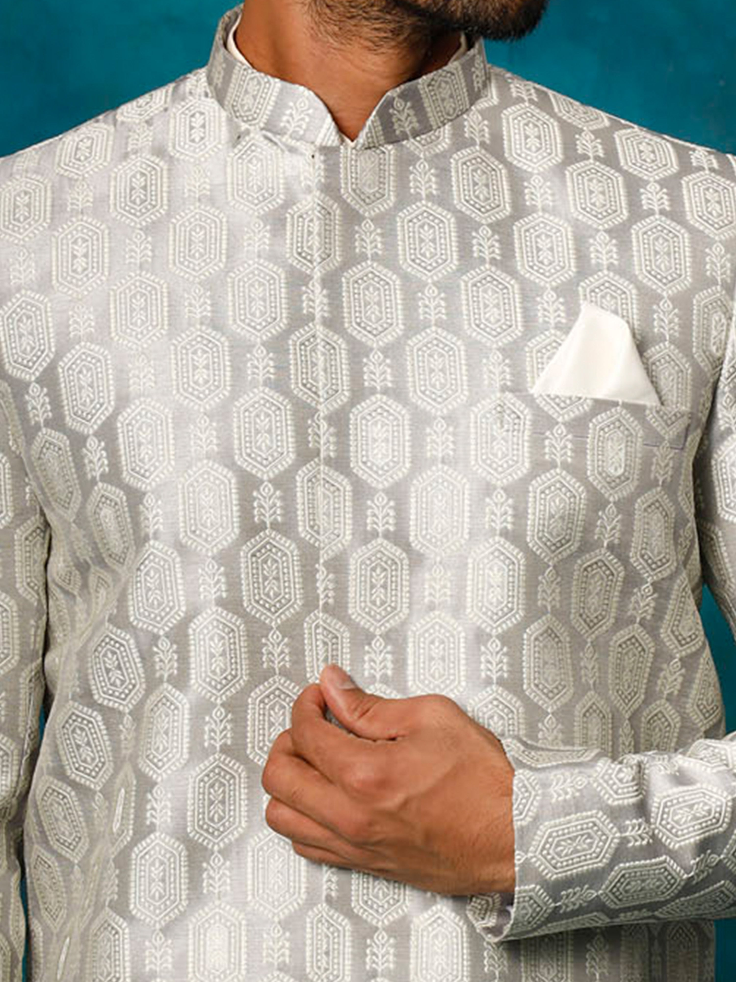 Men Grey Jacquard Silk Blend Indo-Western with Cream Kurta & Pant Set