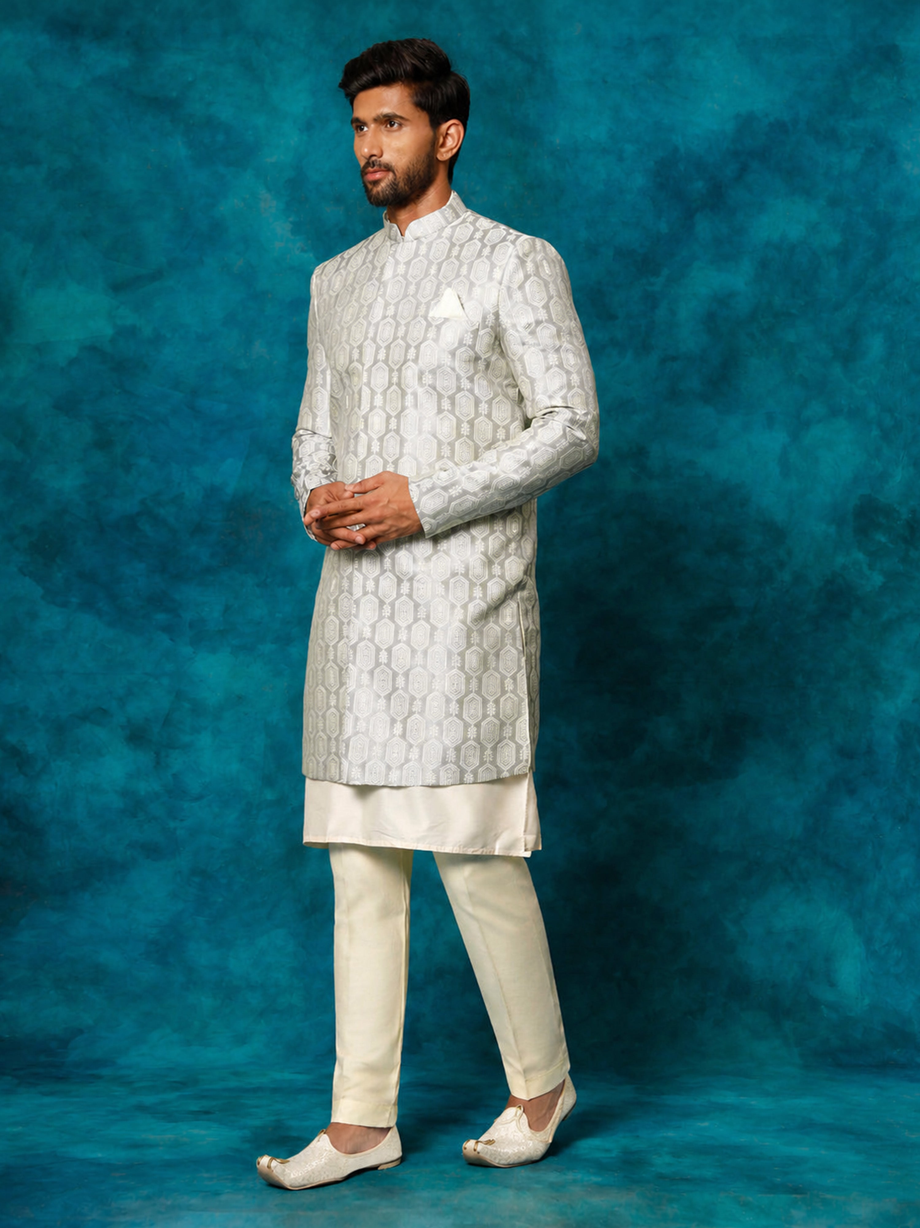 Men Grey Jacquard Silk Blend Indo-Western with Cream Kurta & Pant Set