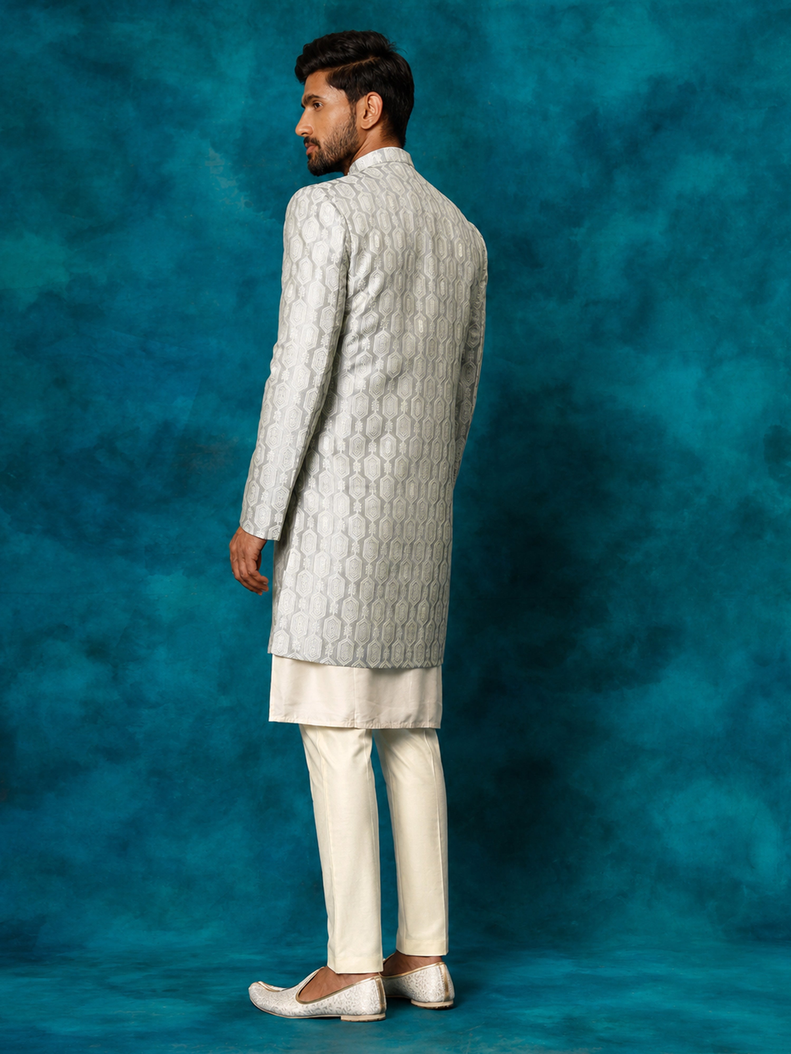 Men Grey Jacquard Silk Blend Indo-Western with Cream Kurta & Pant Set