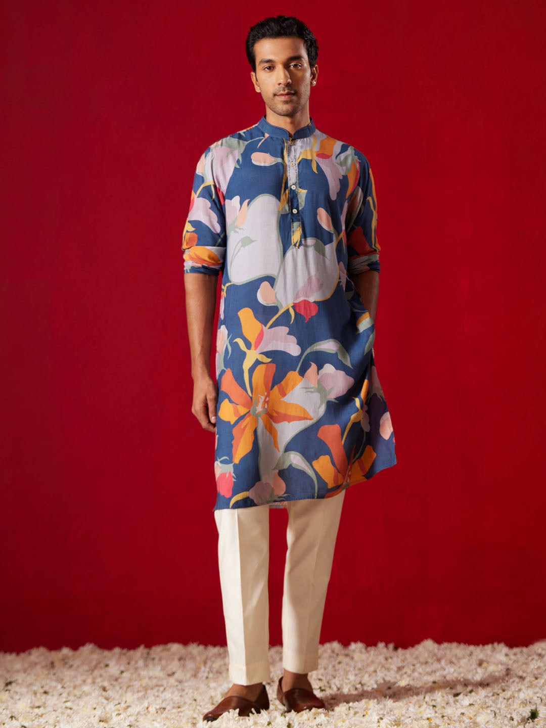 Men Multi Color Base Blue All Over Floral Print Cotton Blend Kurta with Fine Satin Pyjama Set