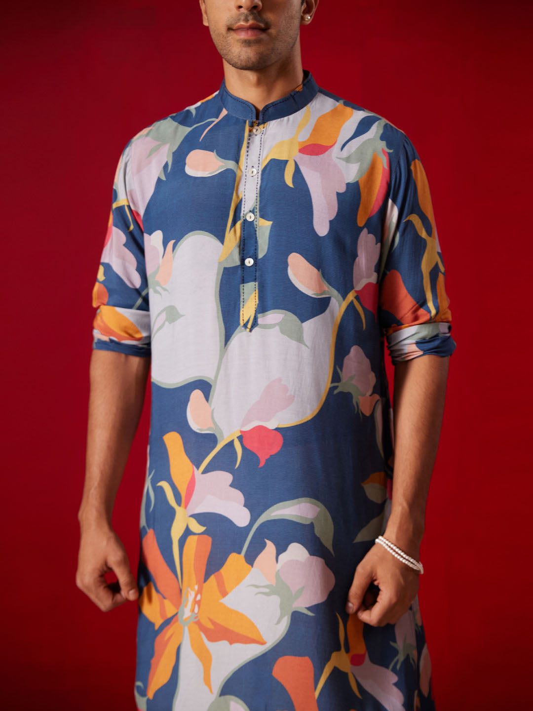 Men Multi Color Base Blue All Over Floral Print Cotton Blend Kurta with Fine Satin Pyjama Set
