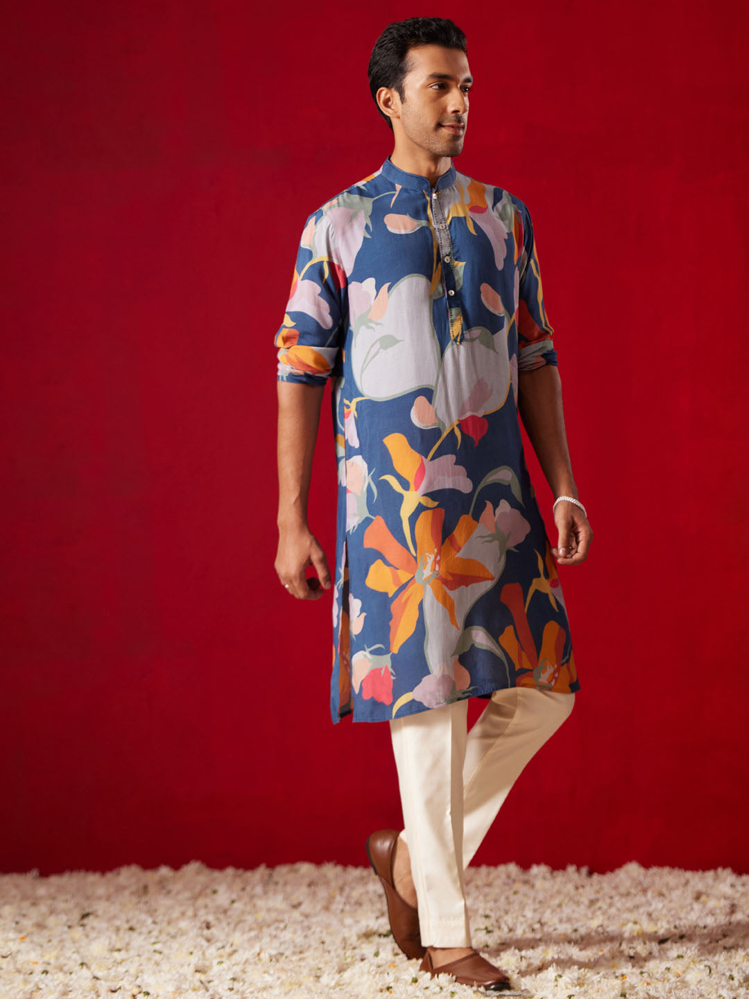 Men Multi Color Base Blue All Over Floral Print Cotton Blend Kurta with Fine Satin Pyjama Set
