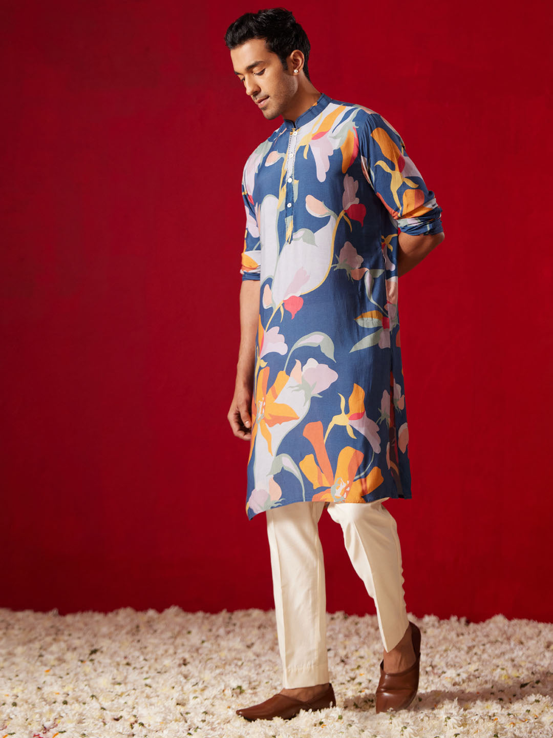 Men Multi Color Base Blue All Over Floral Print Cotton Blend Kurta with Fine Satin Pyjama Set