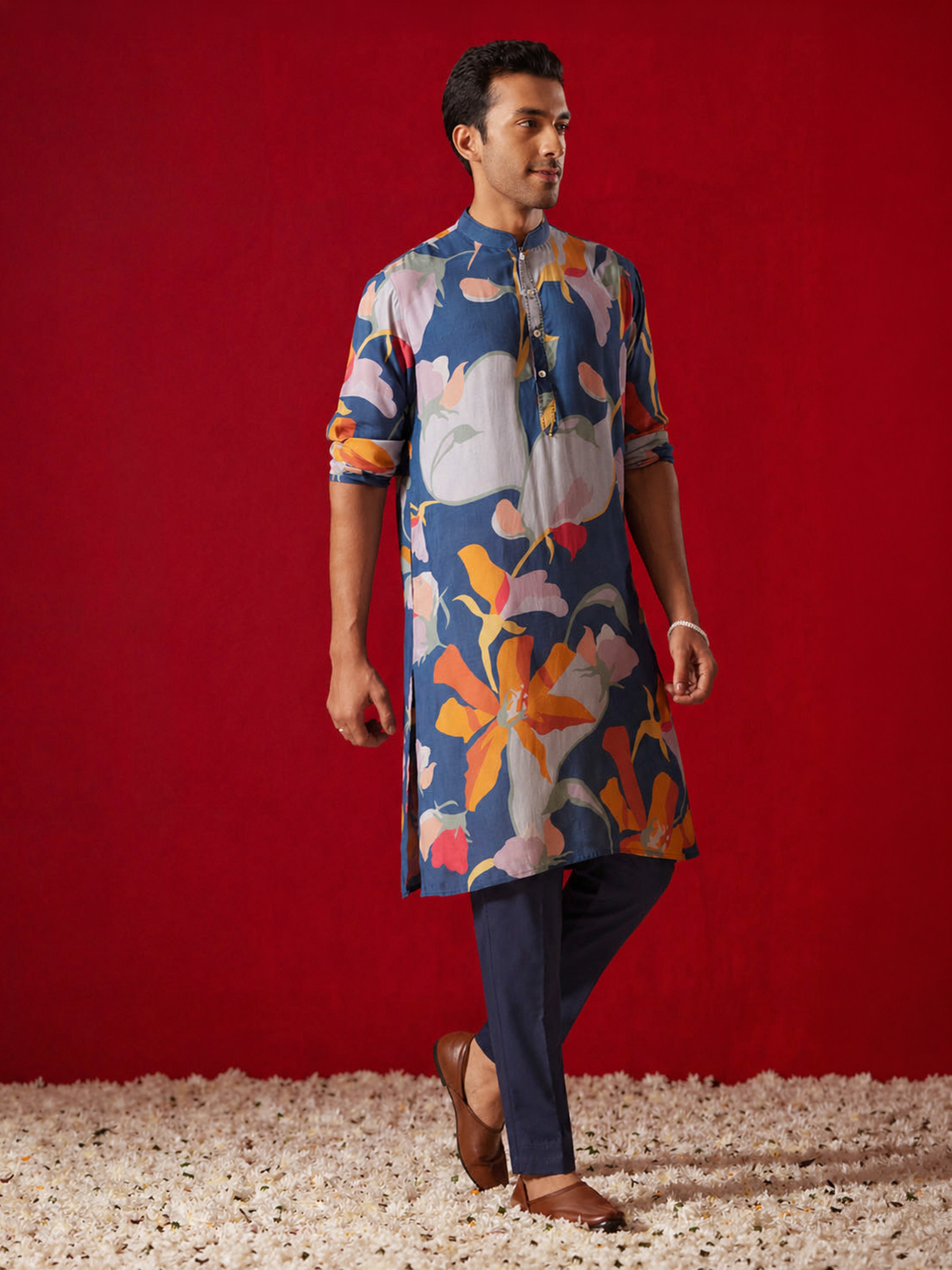 Men Multicolour Digital Floral Print Cotton Blend Kurta with Navy Blue Pant Set