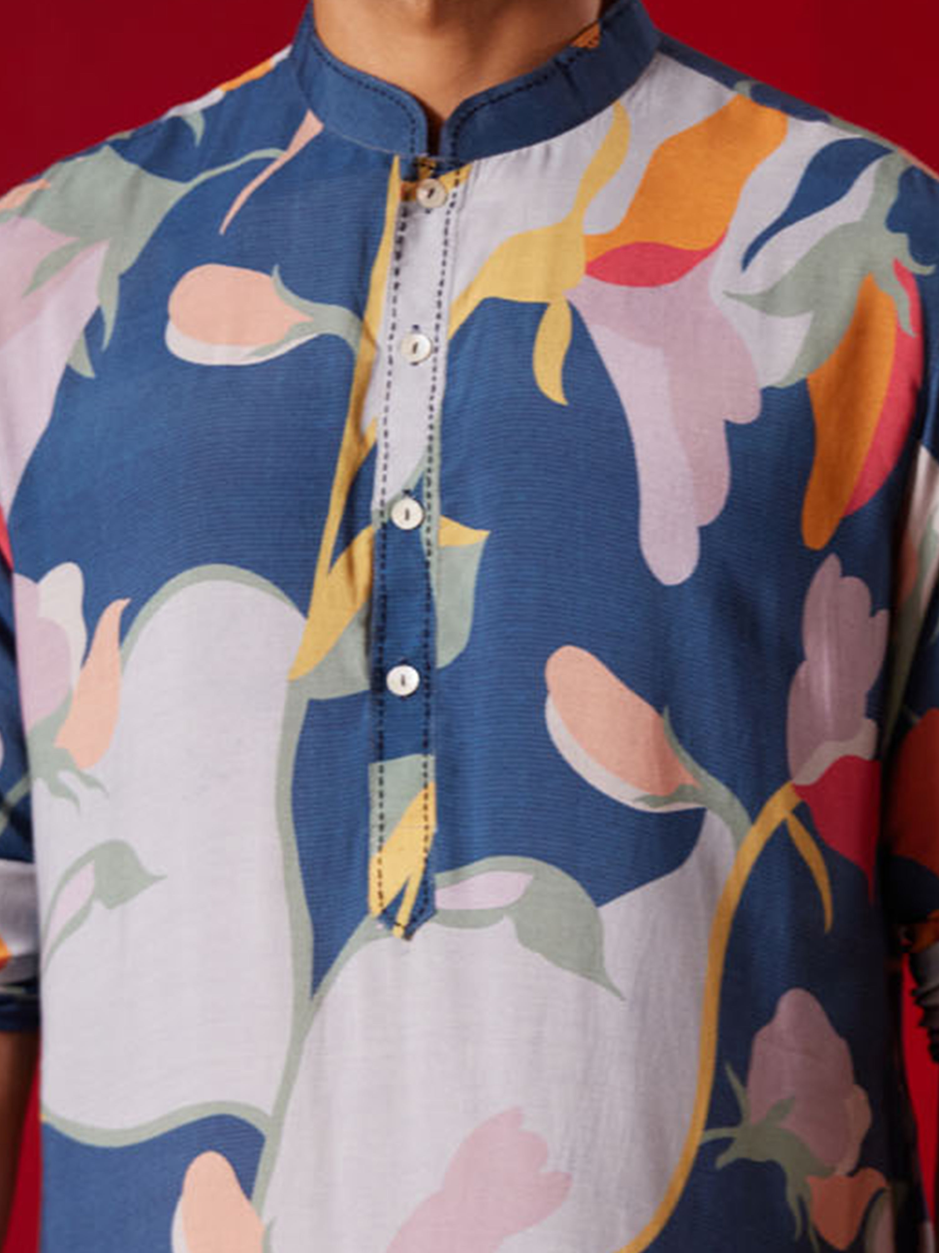 Men Multicolour Digital Floral Print Cotton Blend Kurta with Navy Blue Pant Set