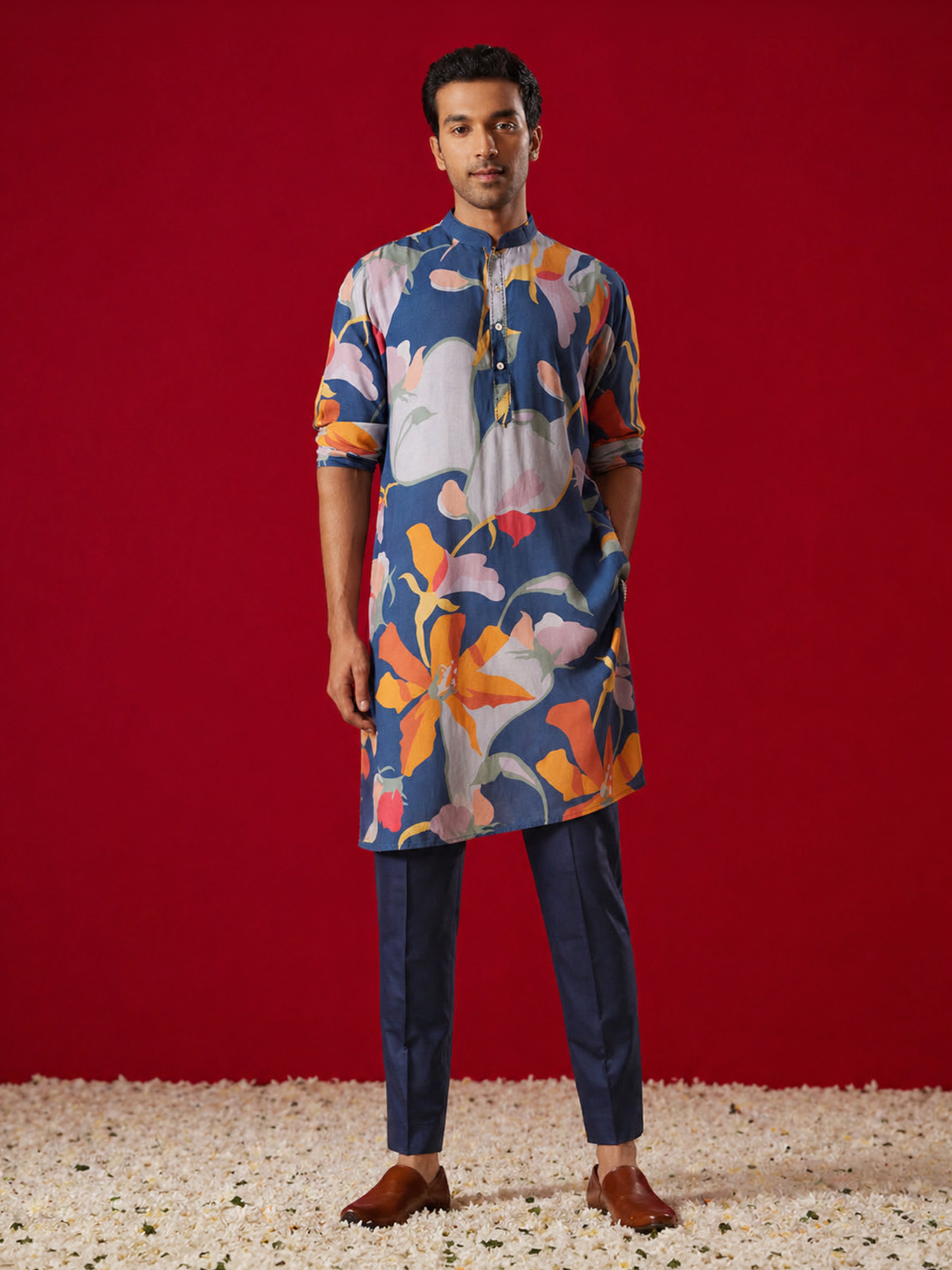 Men Multicolour Digital Floral Print Cotton Blend Kurta with Navy Blue Pant Set
