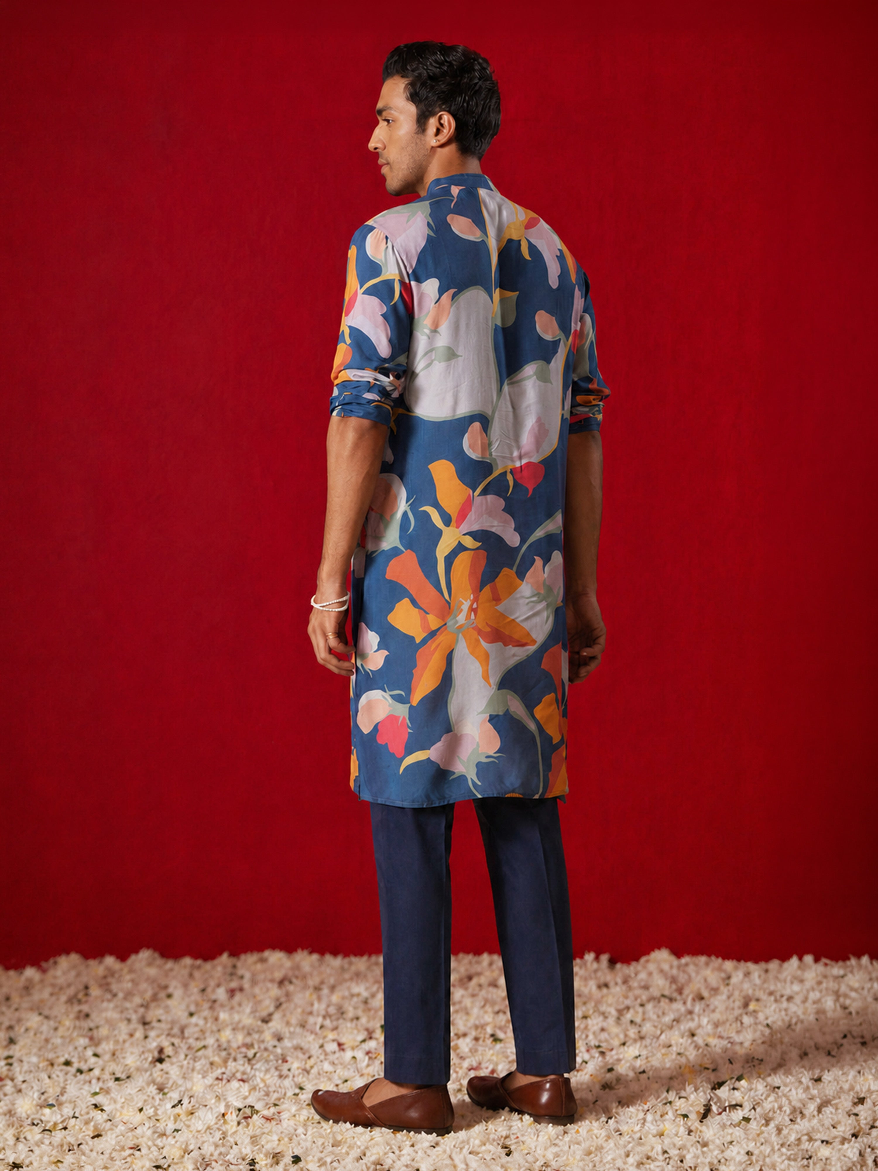 Men Multicolour Digital Floral Print Cotton Blend Kurta with Navy Blue Pant Set