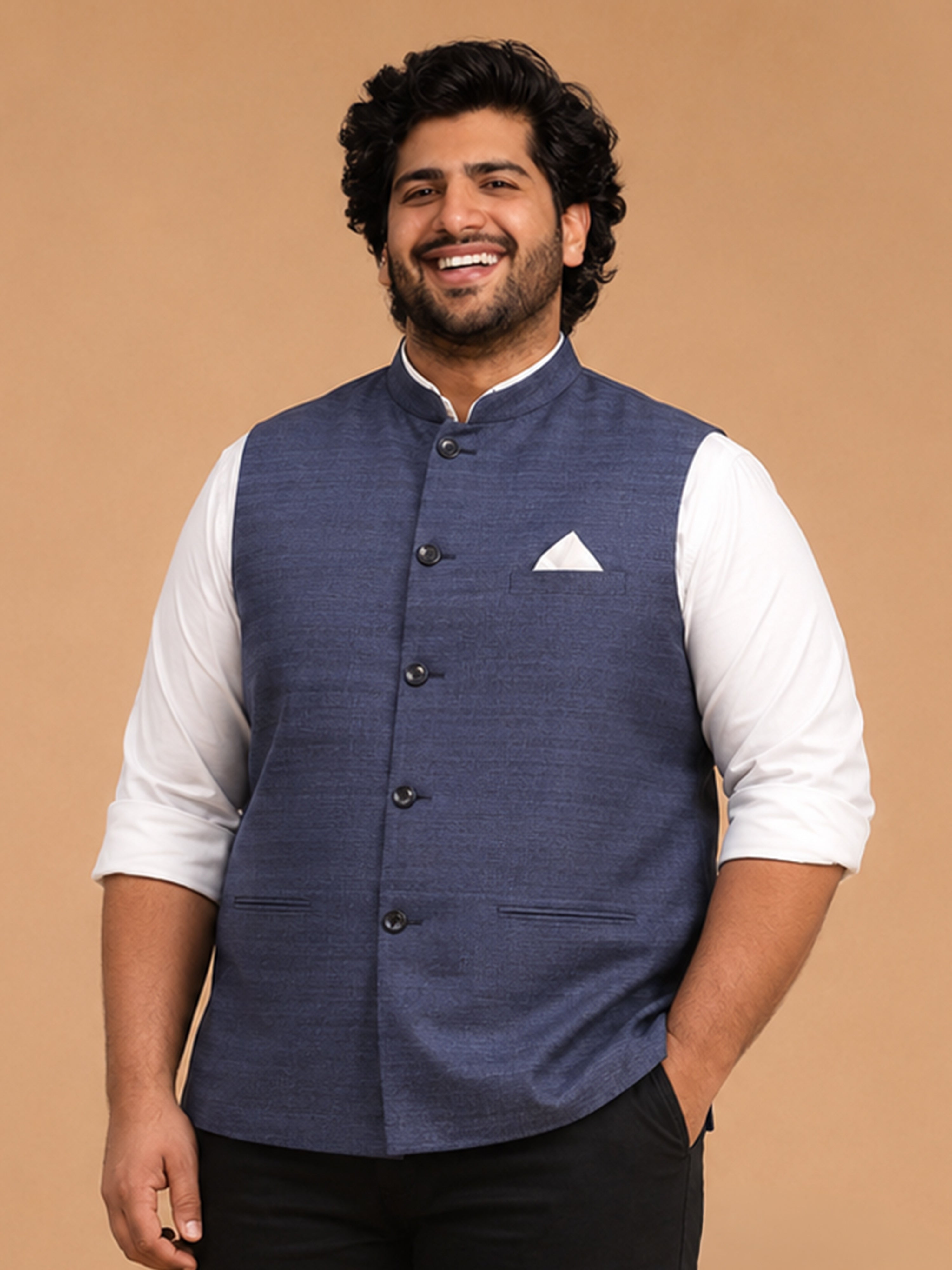 Men's Navy Blue Silk Blend Self Design Regular Nehru Jacket