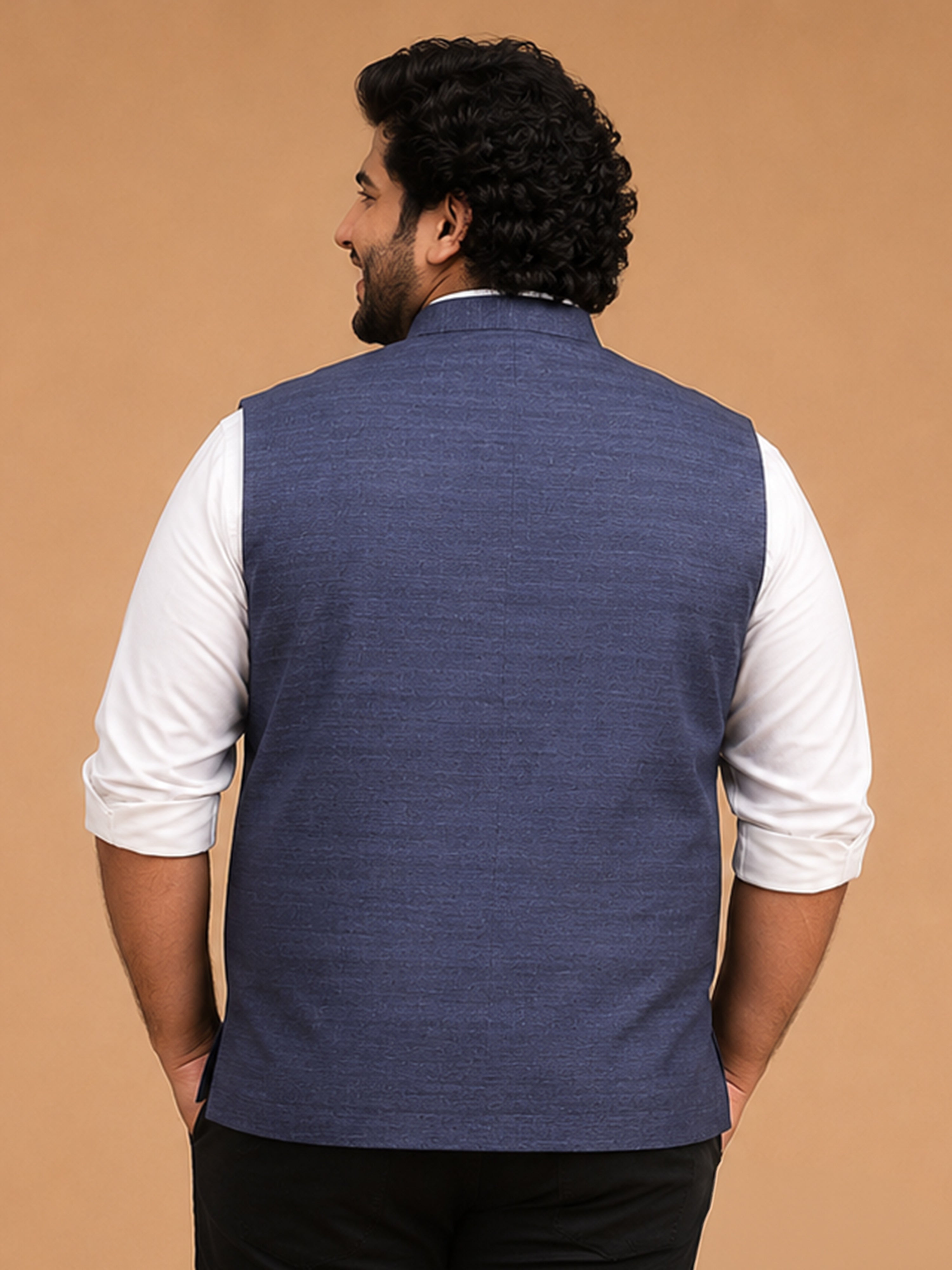 Men's Navy Blue Silk Blend Self Design Regular Nehru Jacket