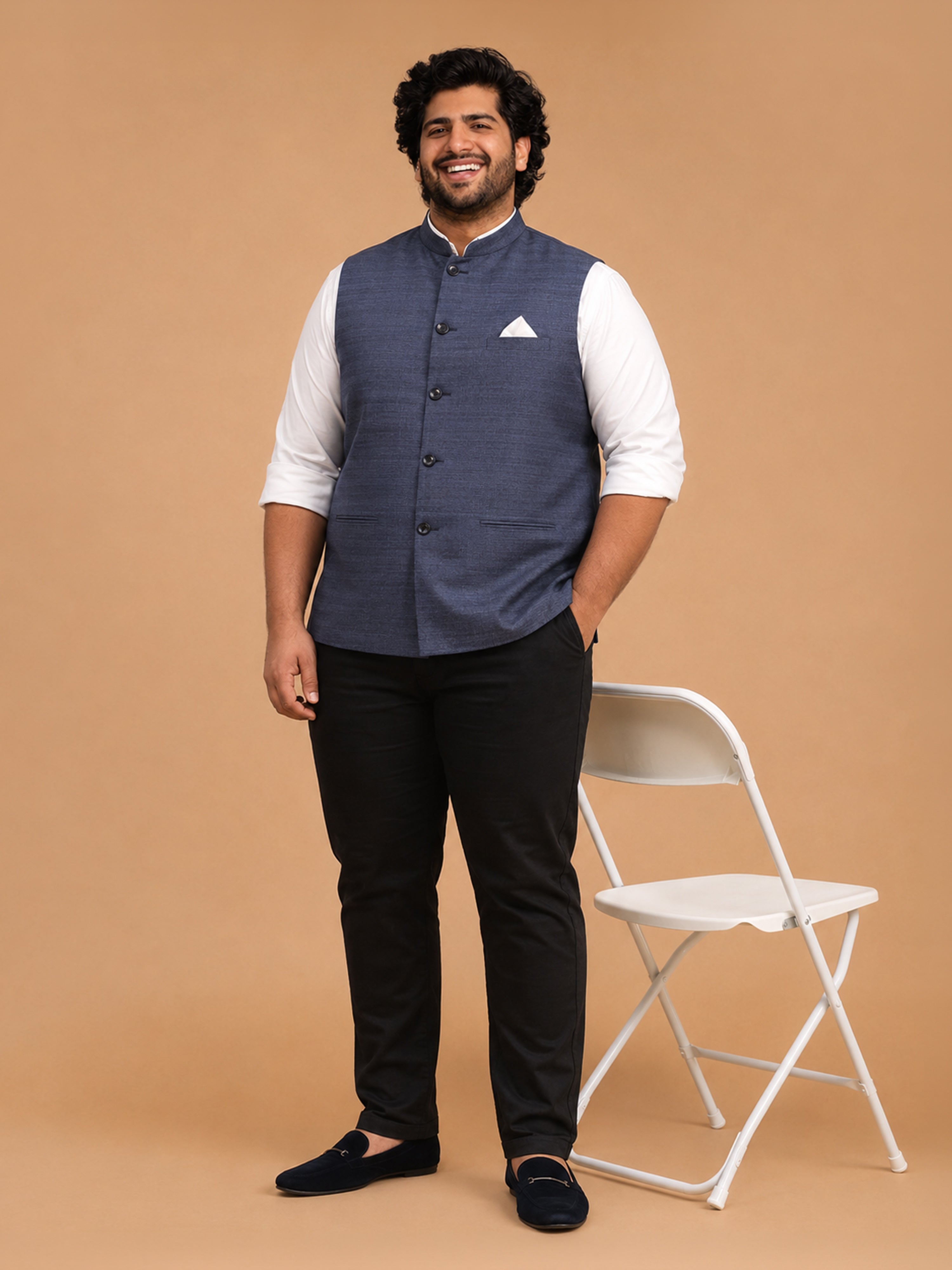 Men's Navy Blue Silk Blend Self Design Regular Nehru Jacket