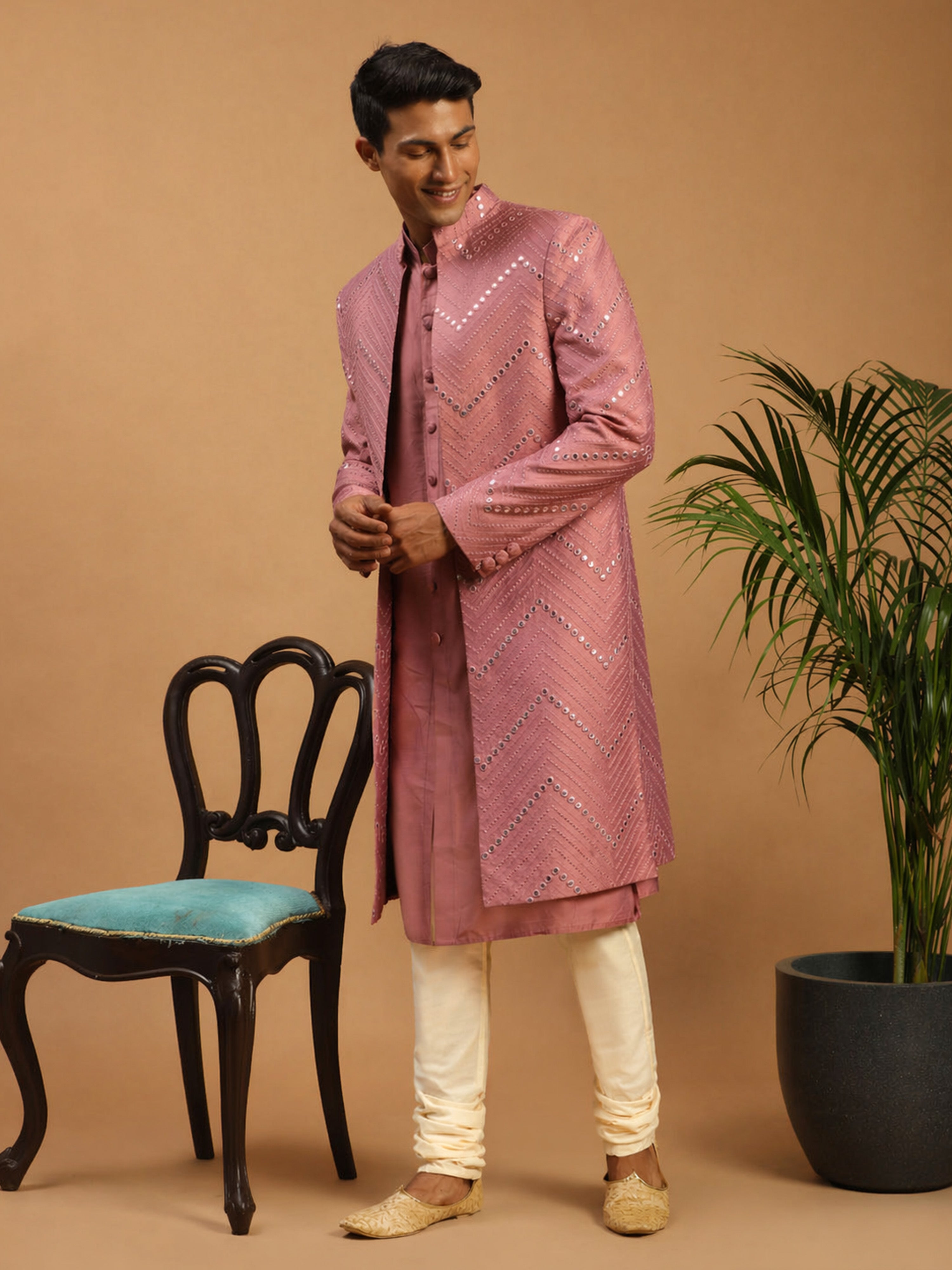 Men Onion Pink Mirror Work Silk Blend Indo-Western Kurta with Cream Churidar Set
