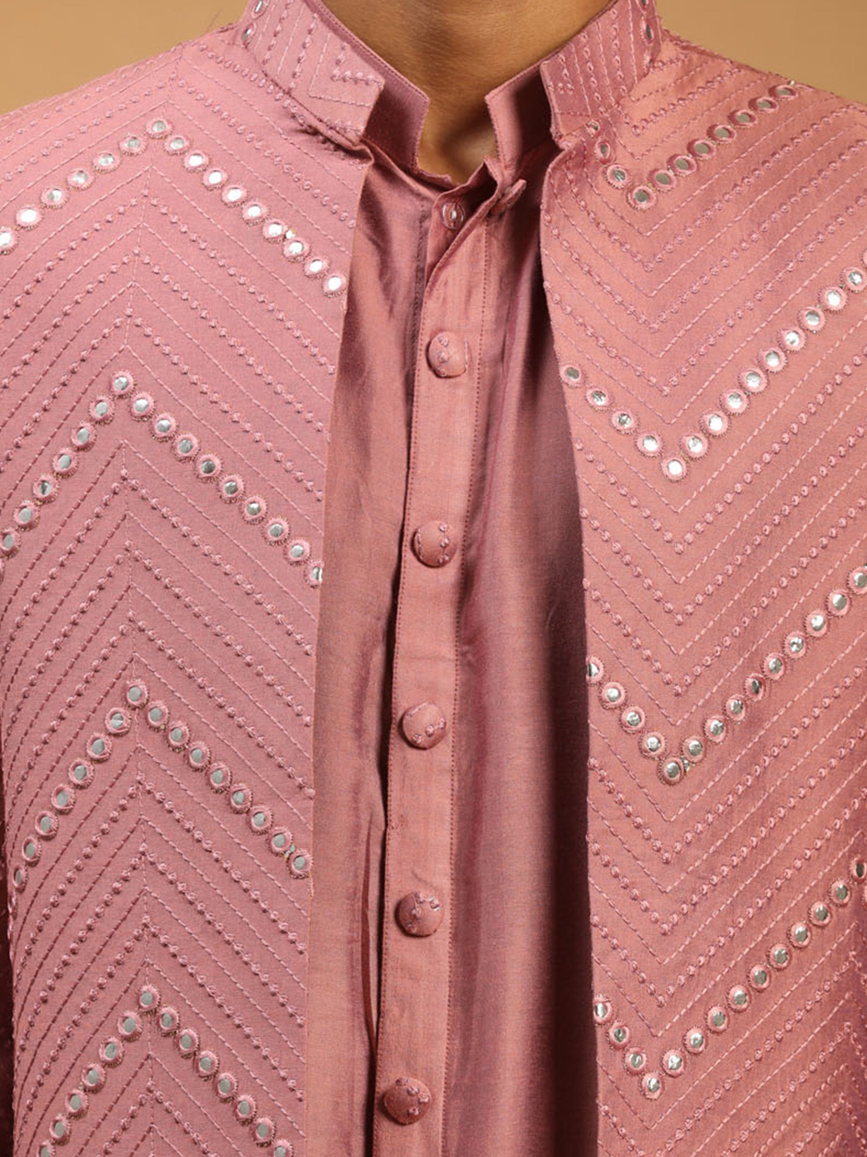 Men Onion Pink Mirror Work Silk Blend Indo-Western Kurta with Cream Churidar Set