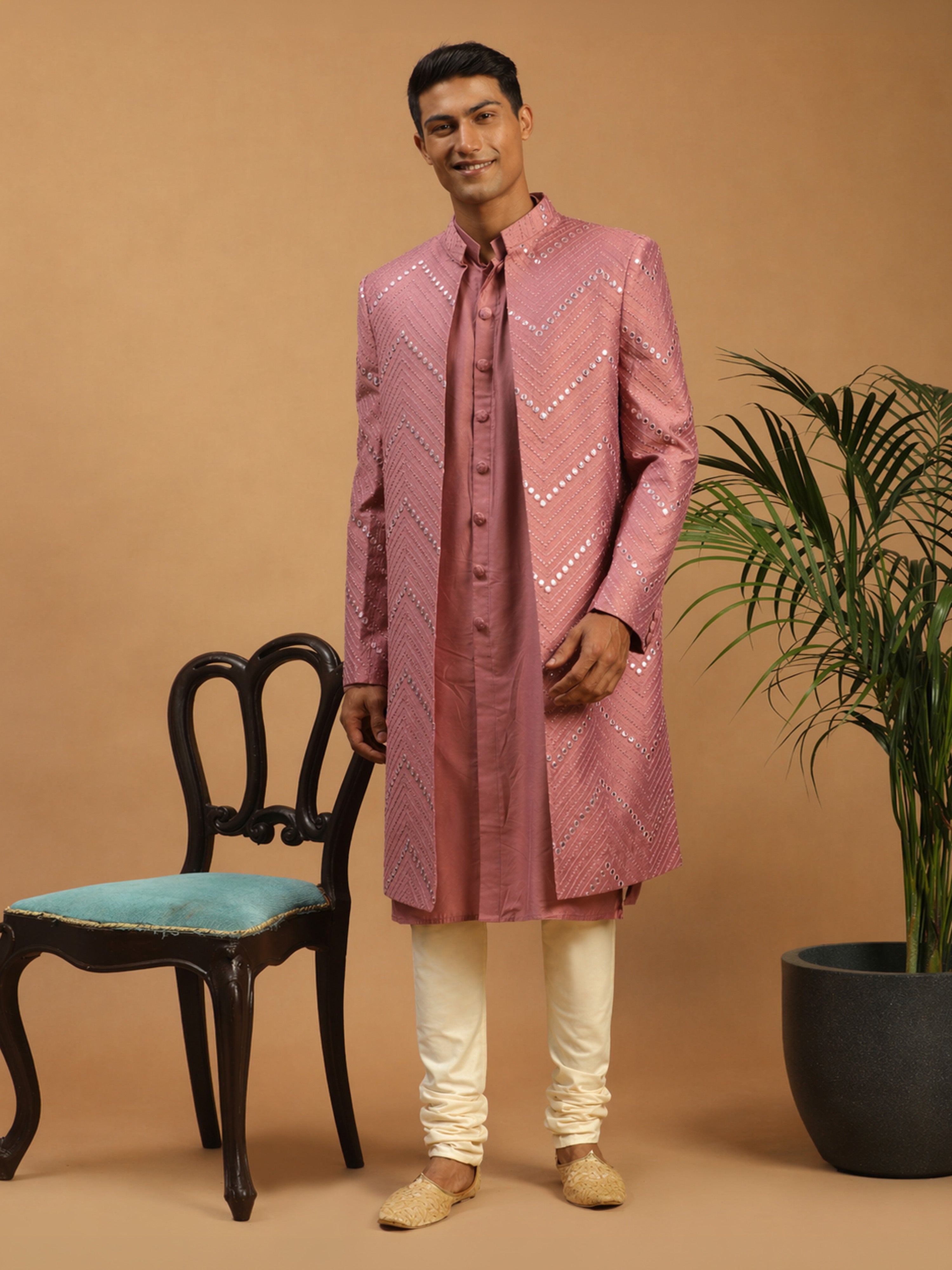 Men Onion Pink Mirror Work Silk Blend Indo-Western Kurta with Cream Churidar Set