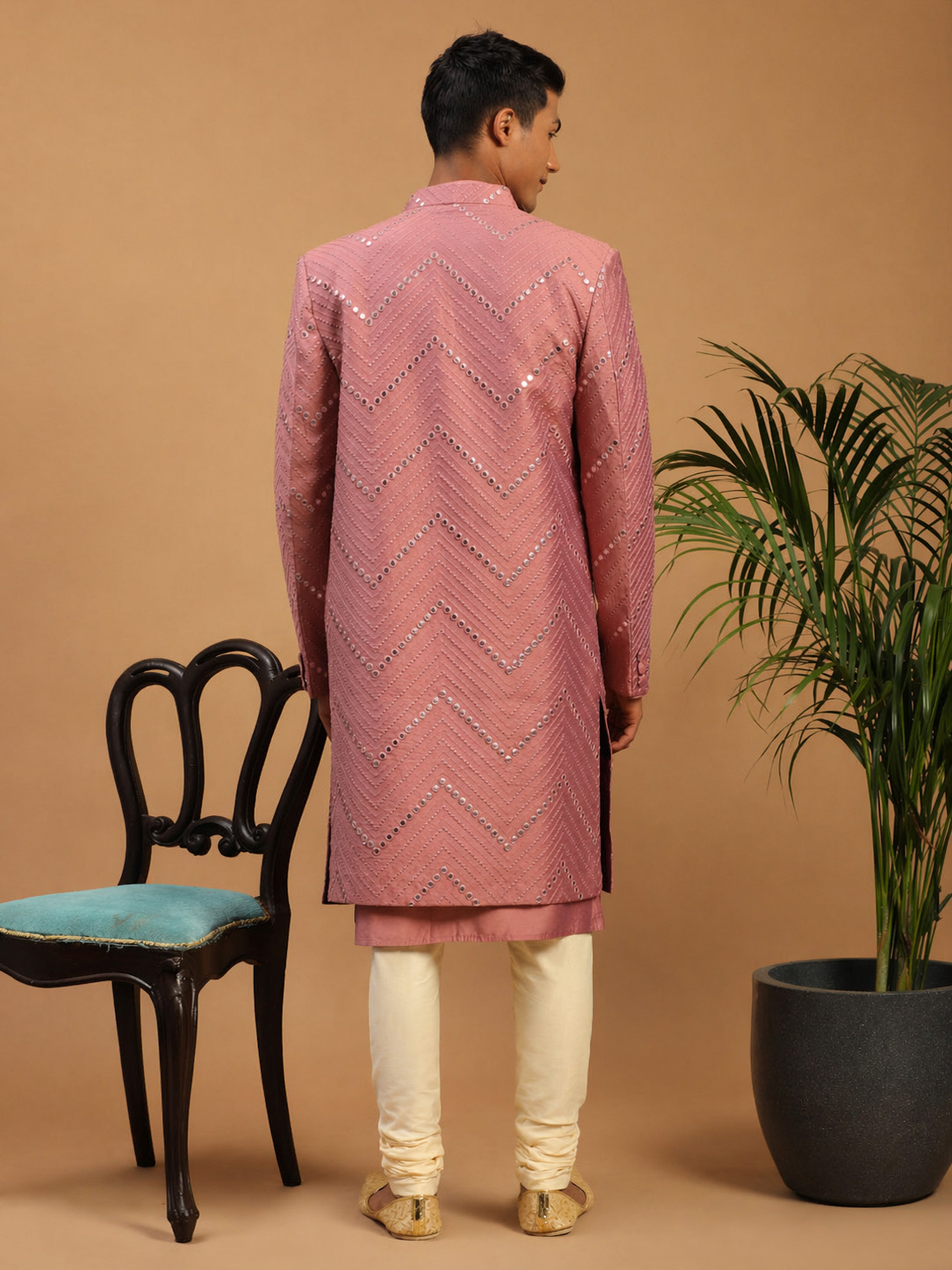Men Onion Pink Mirror Work Silk Blend Indo-Western Kurta with Cream Churidar Set