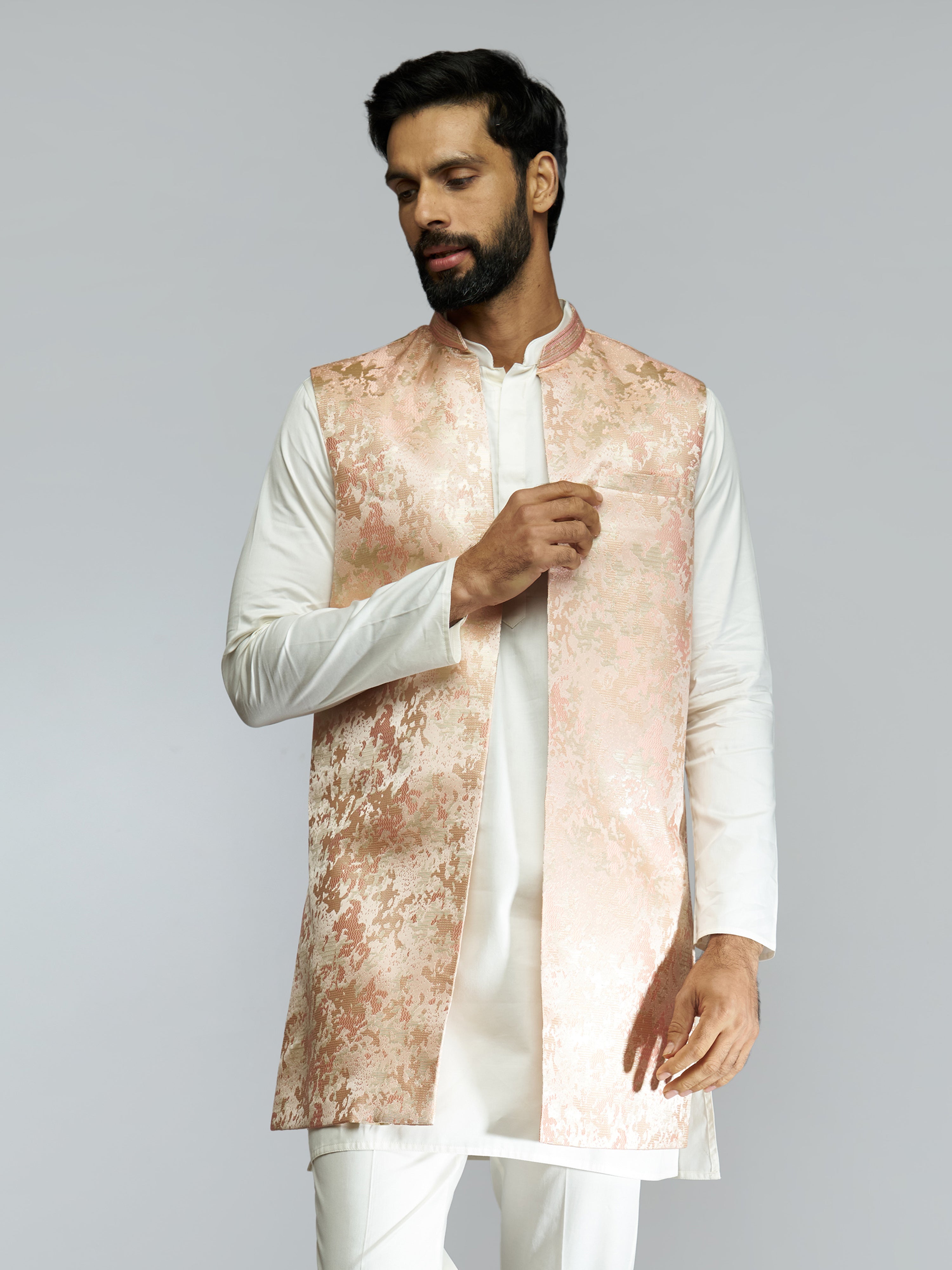 Men Peach Brocade Silk Nehru Jacket with Jacquard Weave