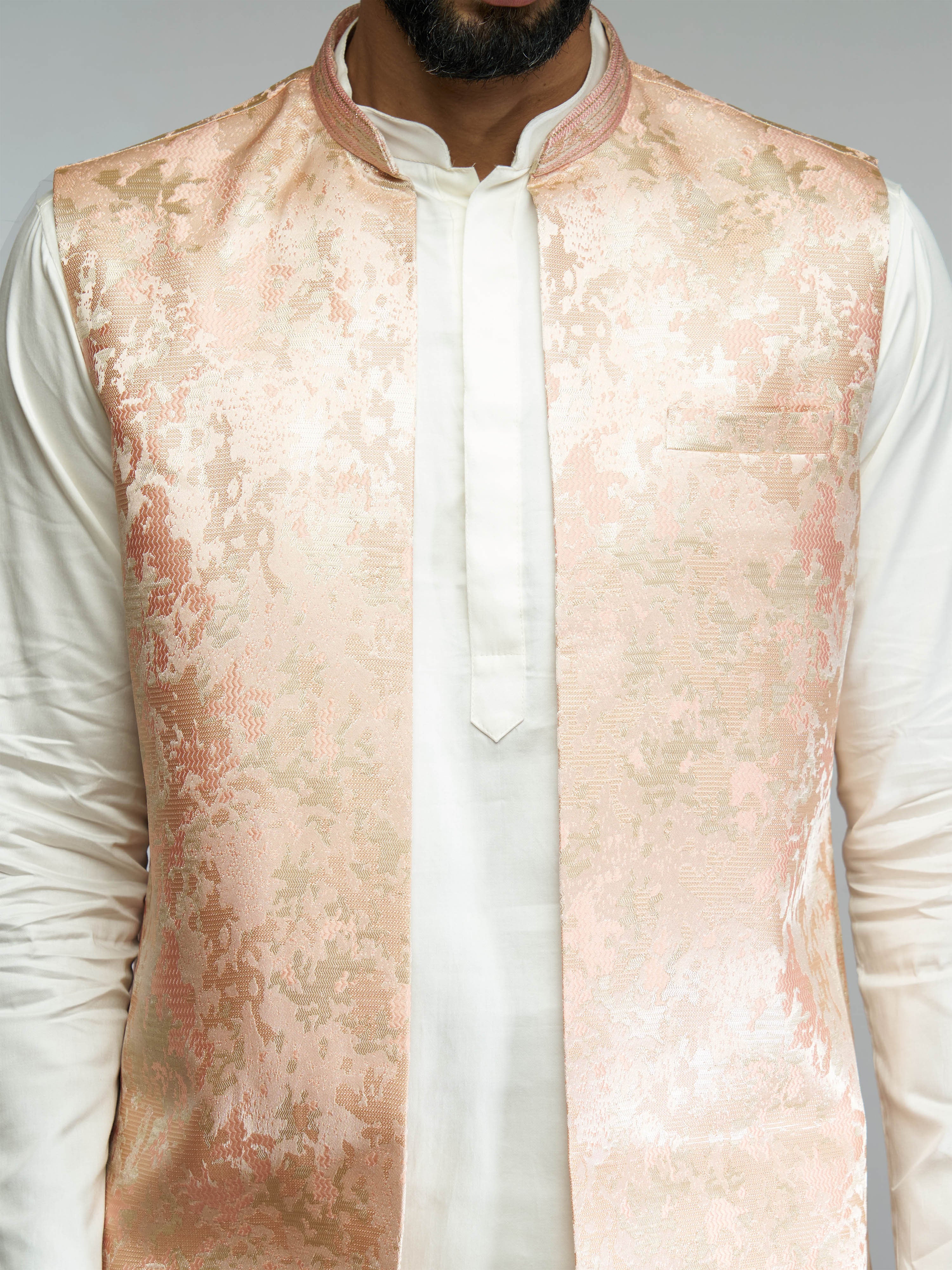 Men Peach Brocade Silk Nehru Jacket with Jacquard Weave
