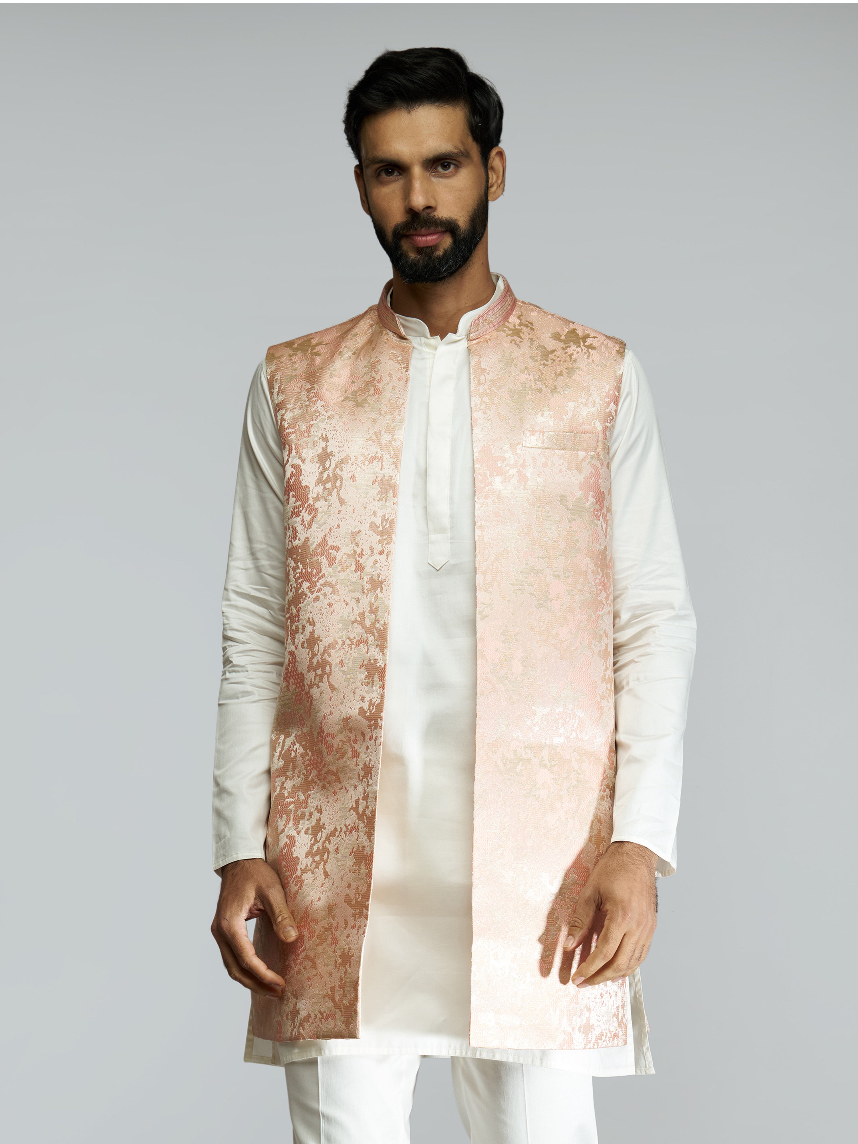 Men Peach Brocade Silk Nehru Jacket with Jacquard Weave