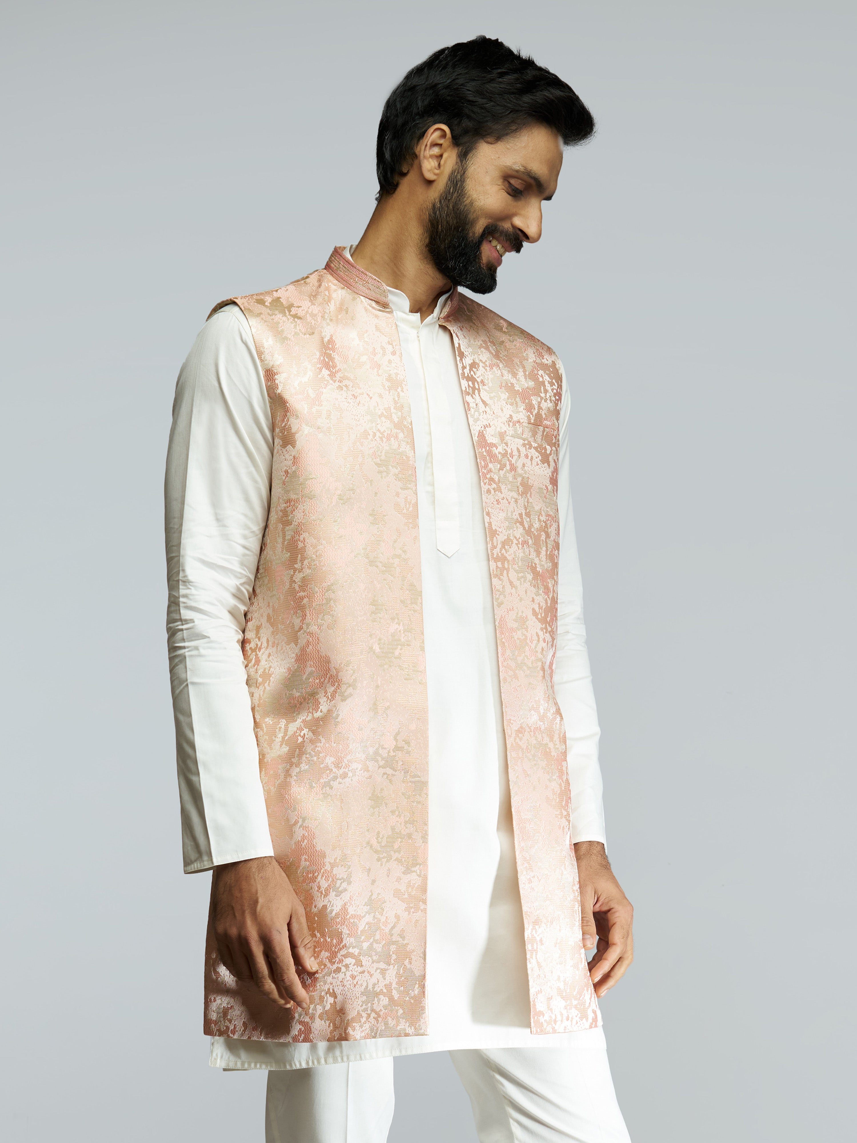 Men Peach Brocade Silk Nehru Jacket with Jacquard Weave