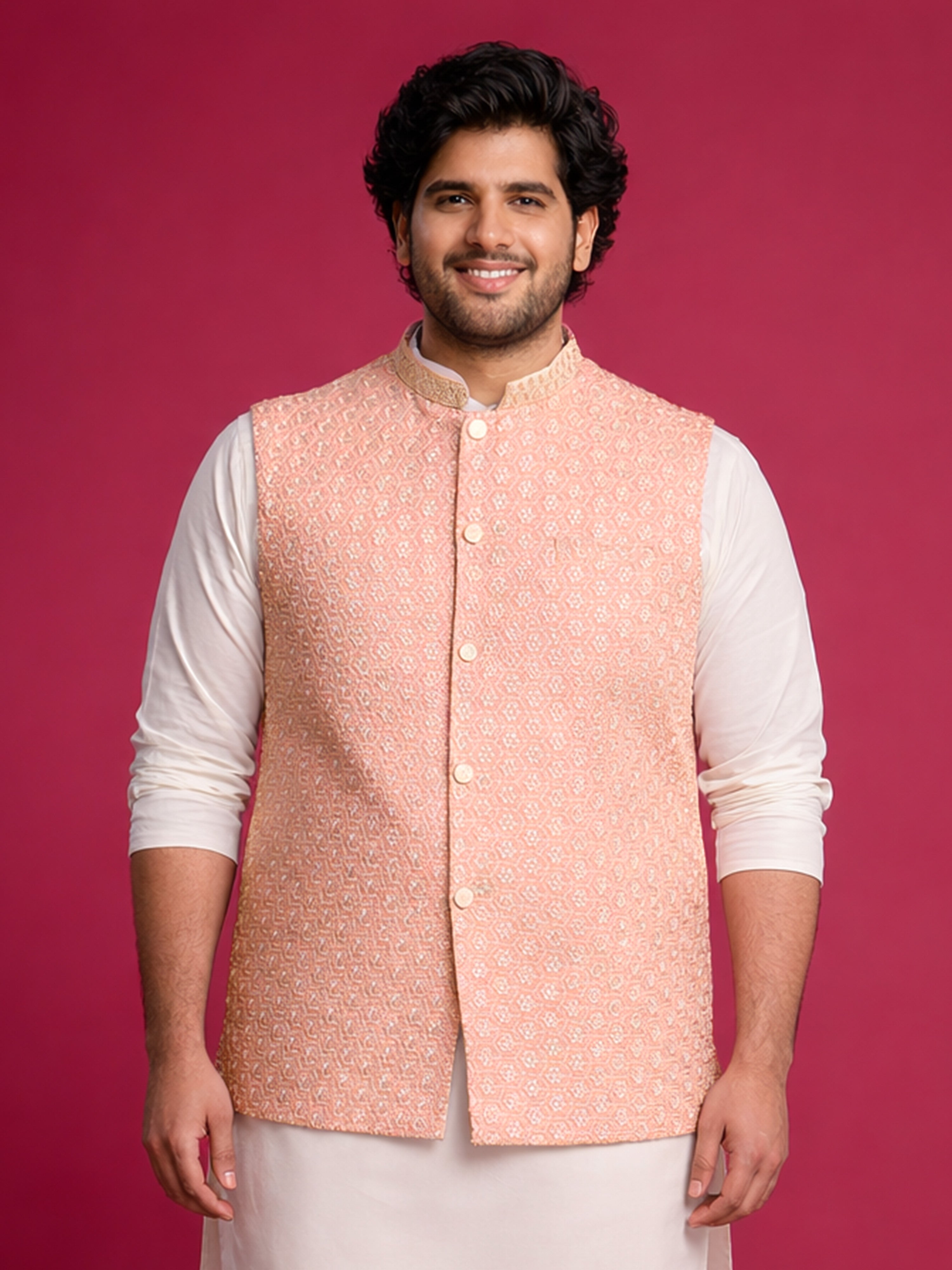 Men's Peach Rayon Geometry Regular Nehru Jacket