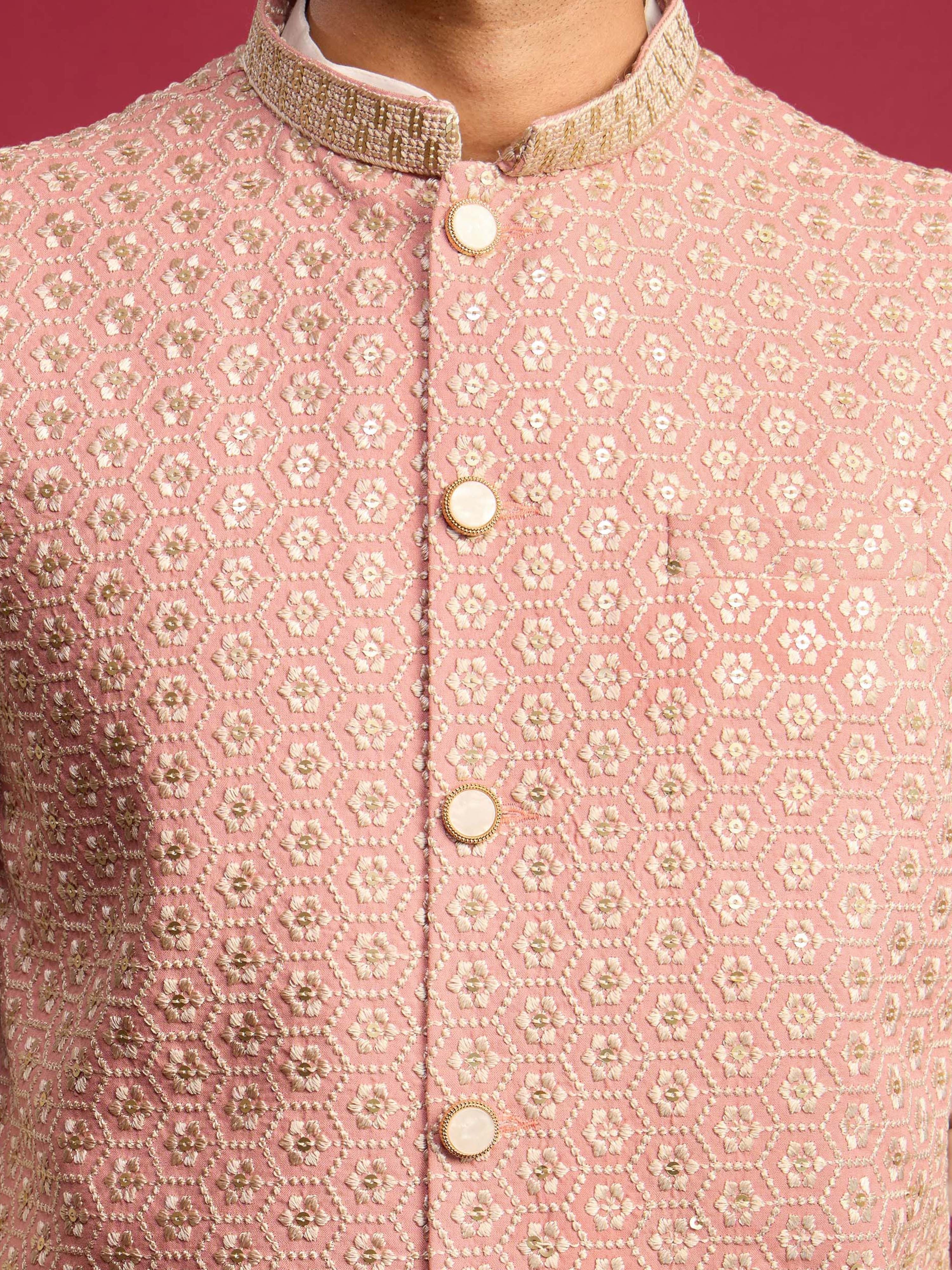 Men's Peach Rayon Geometry Regular Nehru Jacket