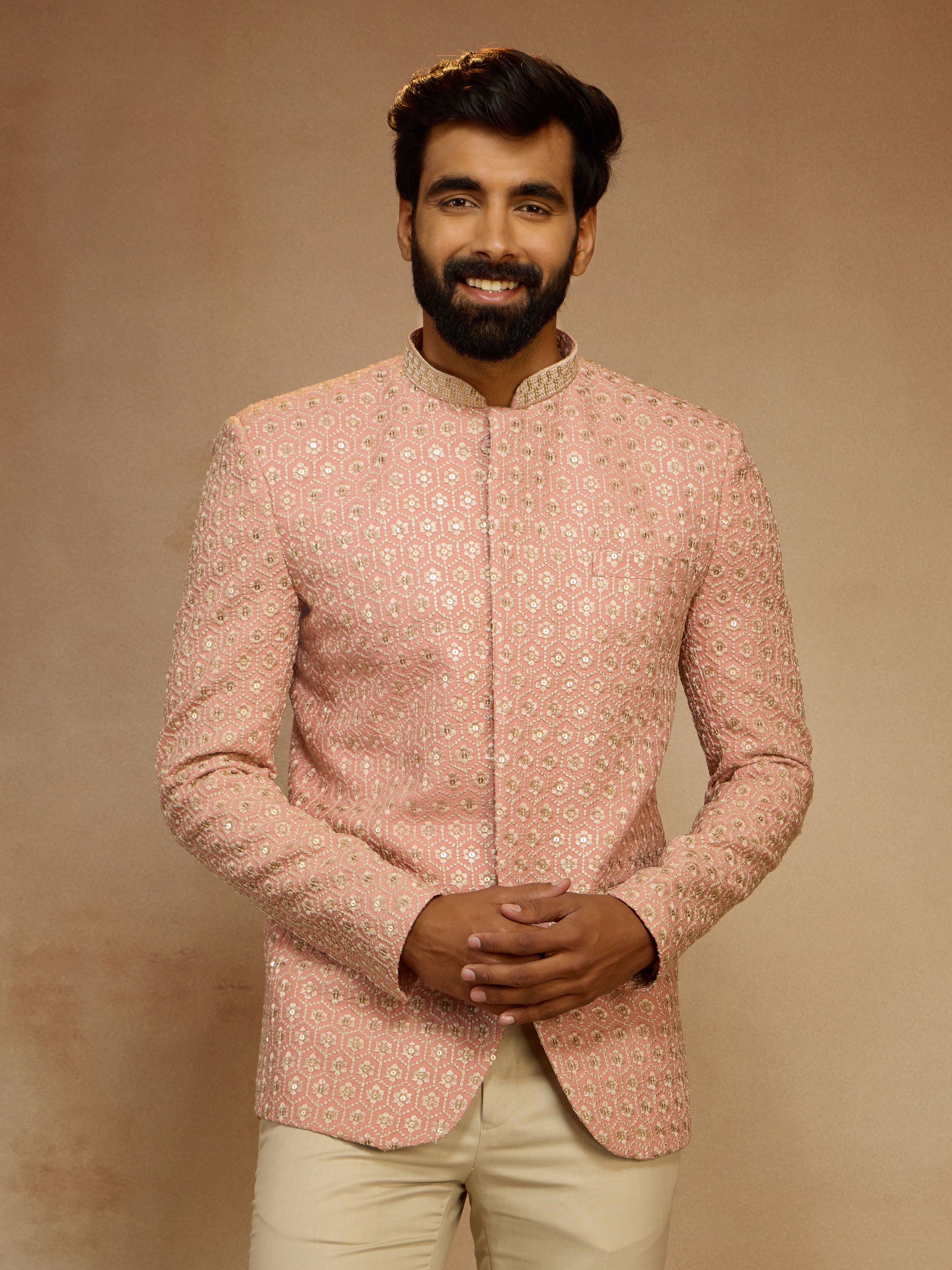 Men's Peach Sequin Embroidered Jodhpuri Jacket