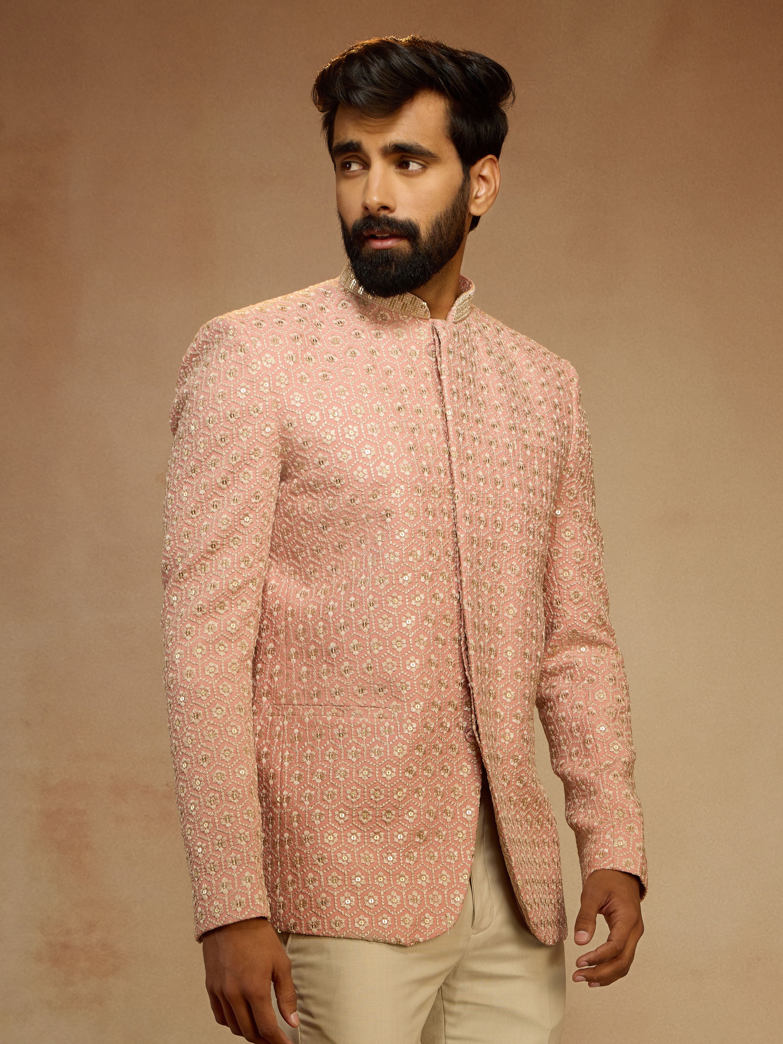Men's Peach Sequin Embroidered Jodhpuri Jacket