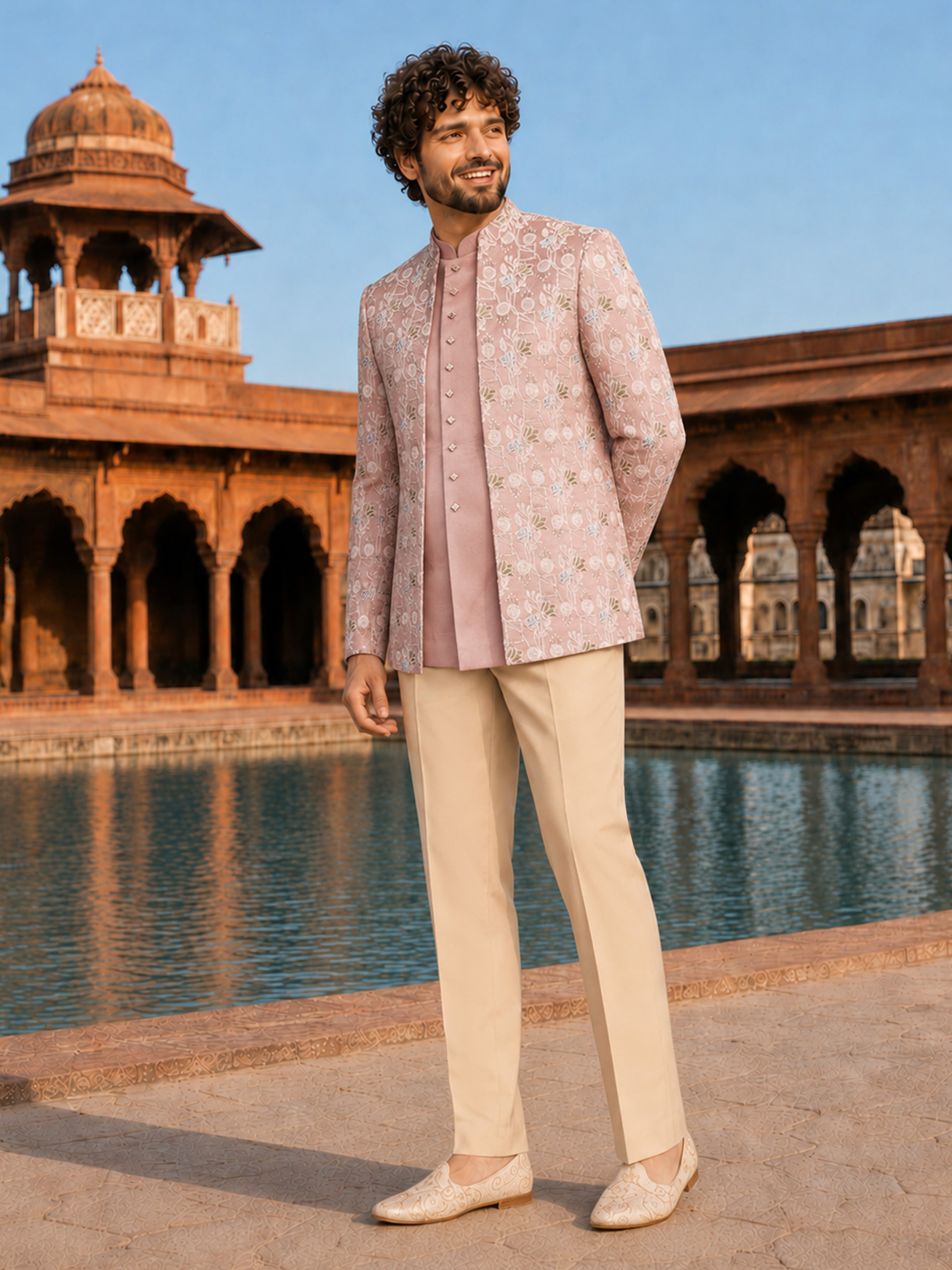 Men Pink Embroidered Thread Work Waist Length Straight Pant Sherwani Set