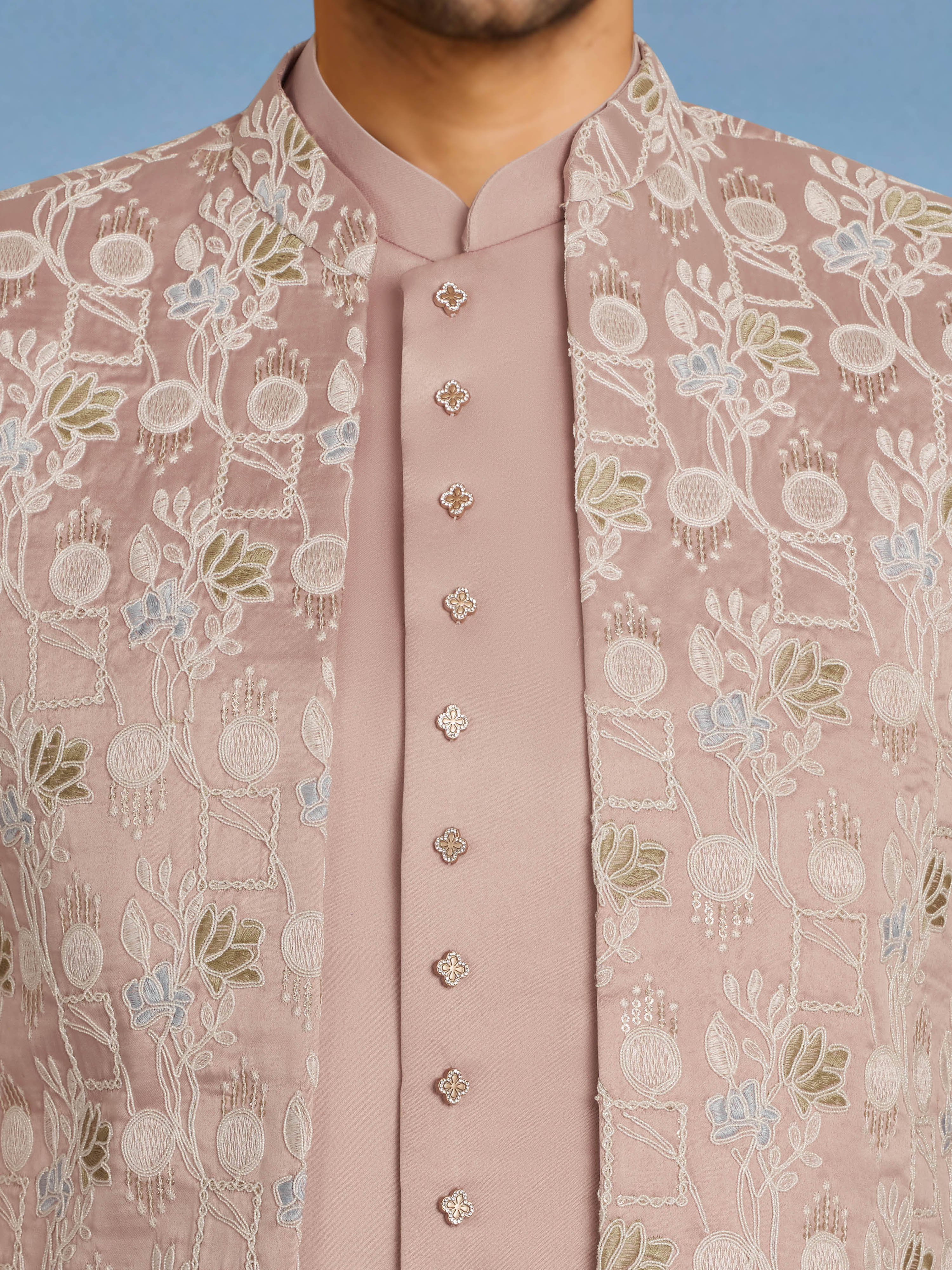 Men Pink Embroidered Thread Work Waist Length Straight Pant Sherwani Set