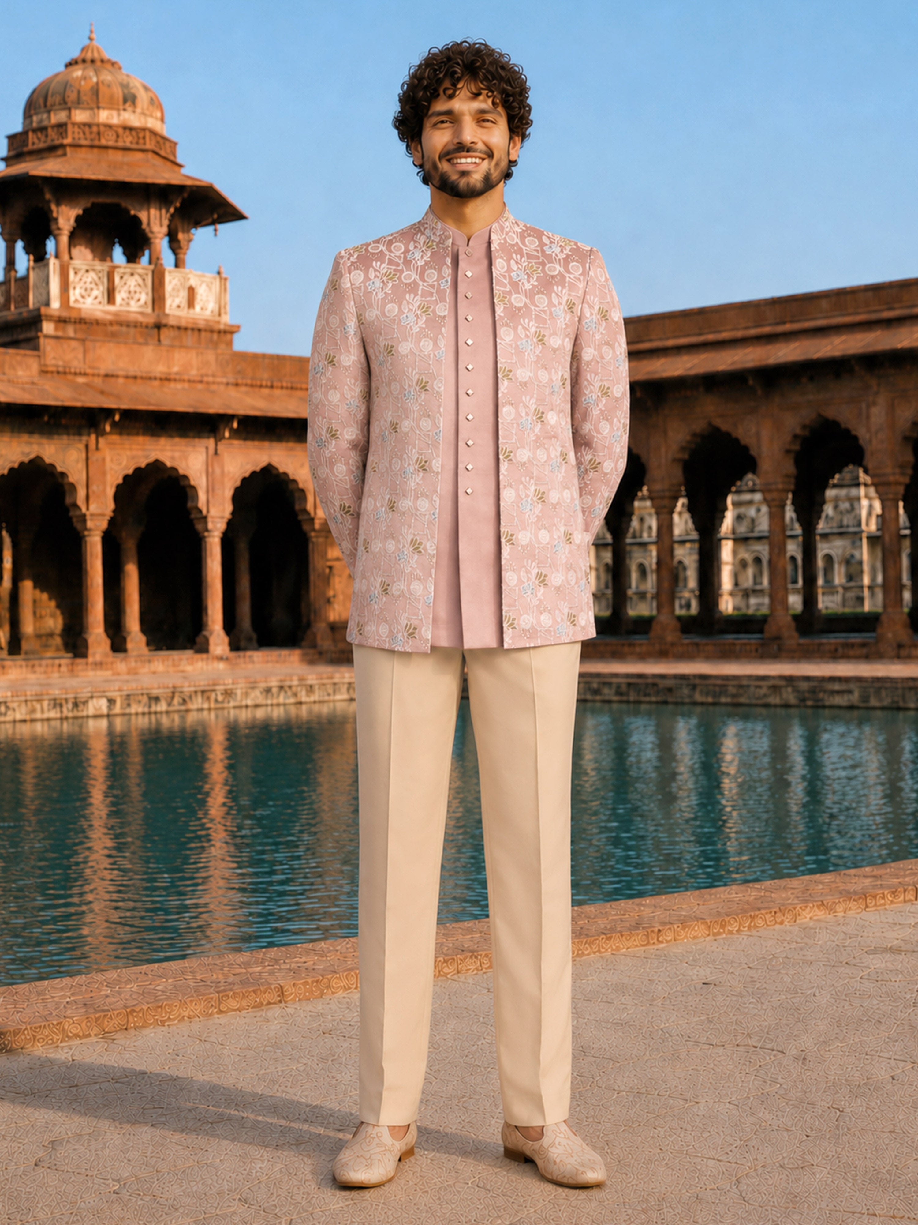 Men Pink Embroidered Thread Work Waist Length Straight Pant Sherwani Set