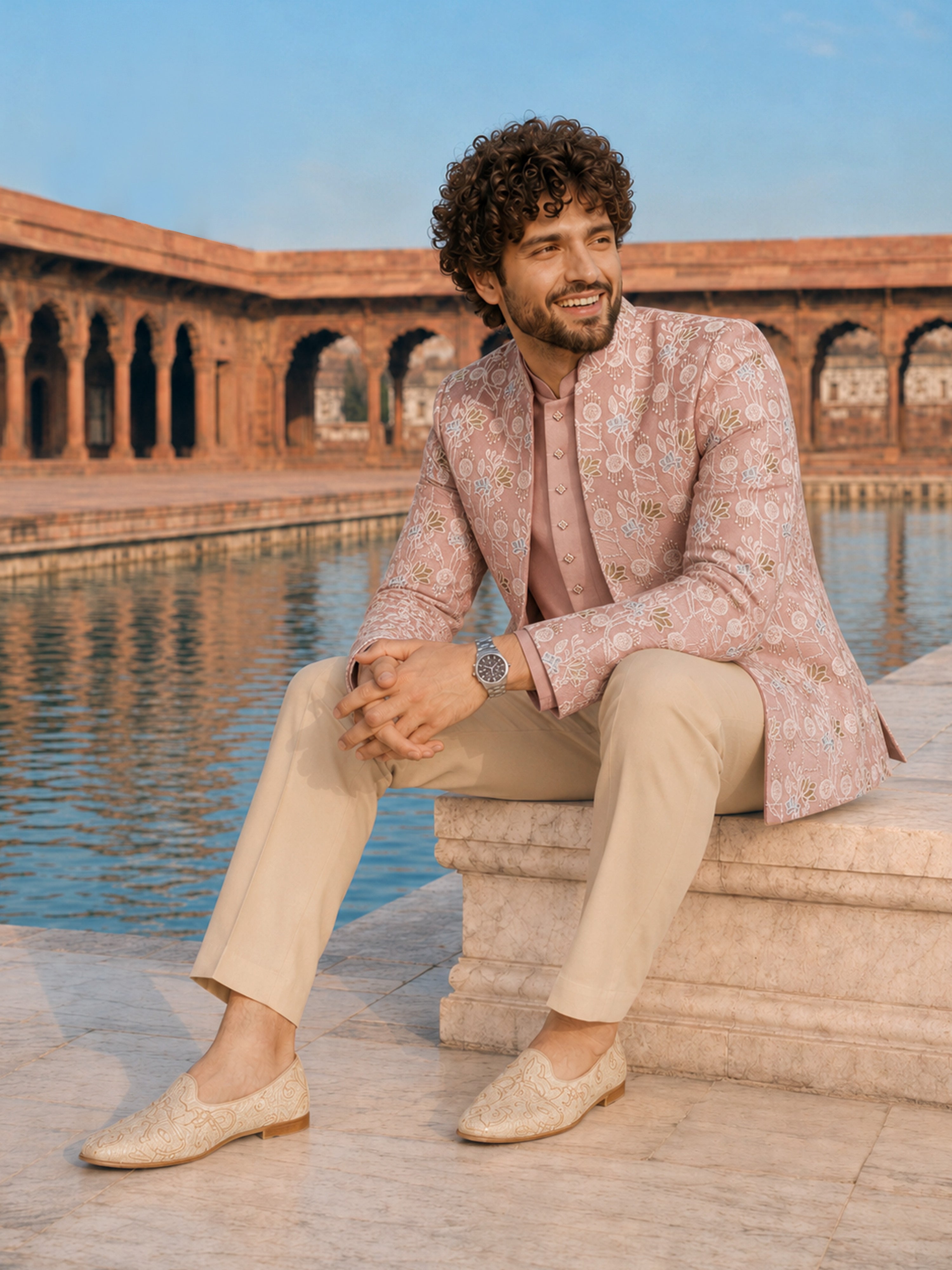 Men Pink Embroidered Thread Work Waist Length Straight Pant Sherwani Set
