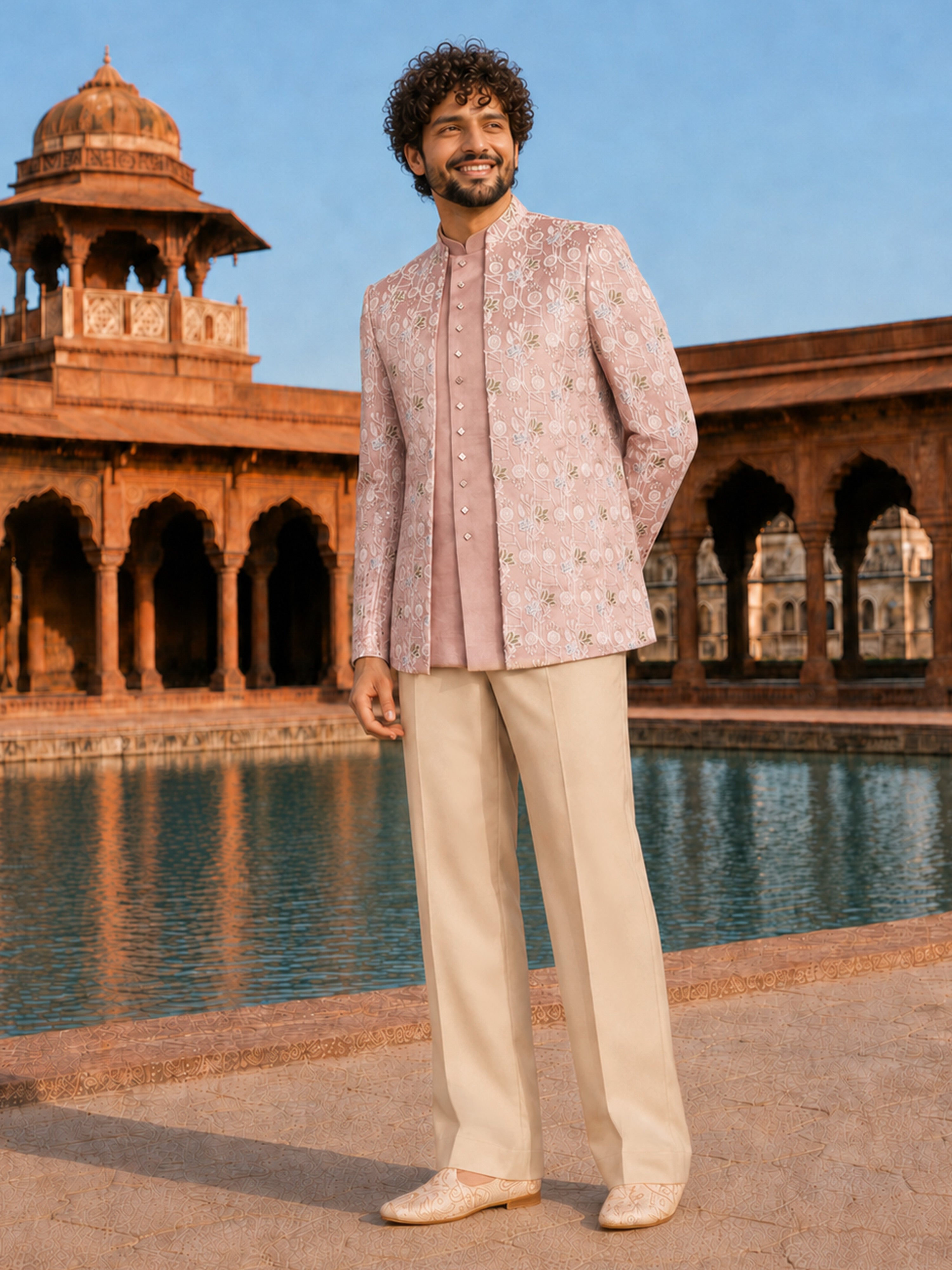 Men Pink Embroidered Zari Work Waist Length Wide Leg Pant Sherwani Set