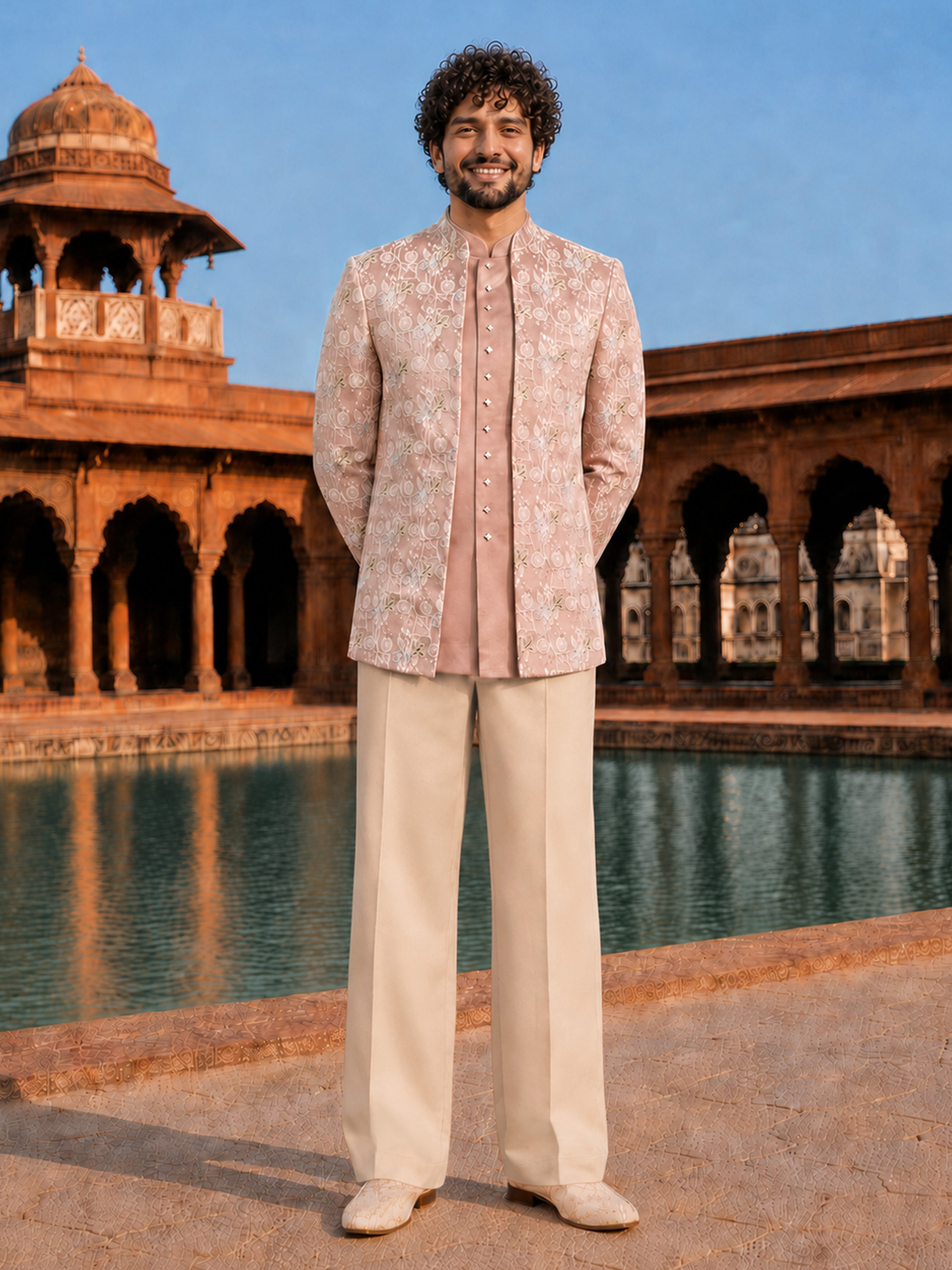 Men Pink Embroidered Zari Work Waist Length Wide Leg Pant Sherwani Set
