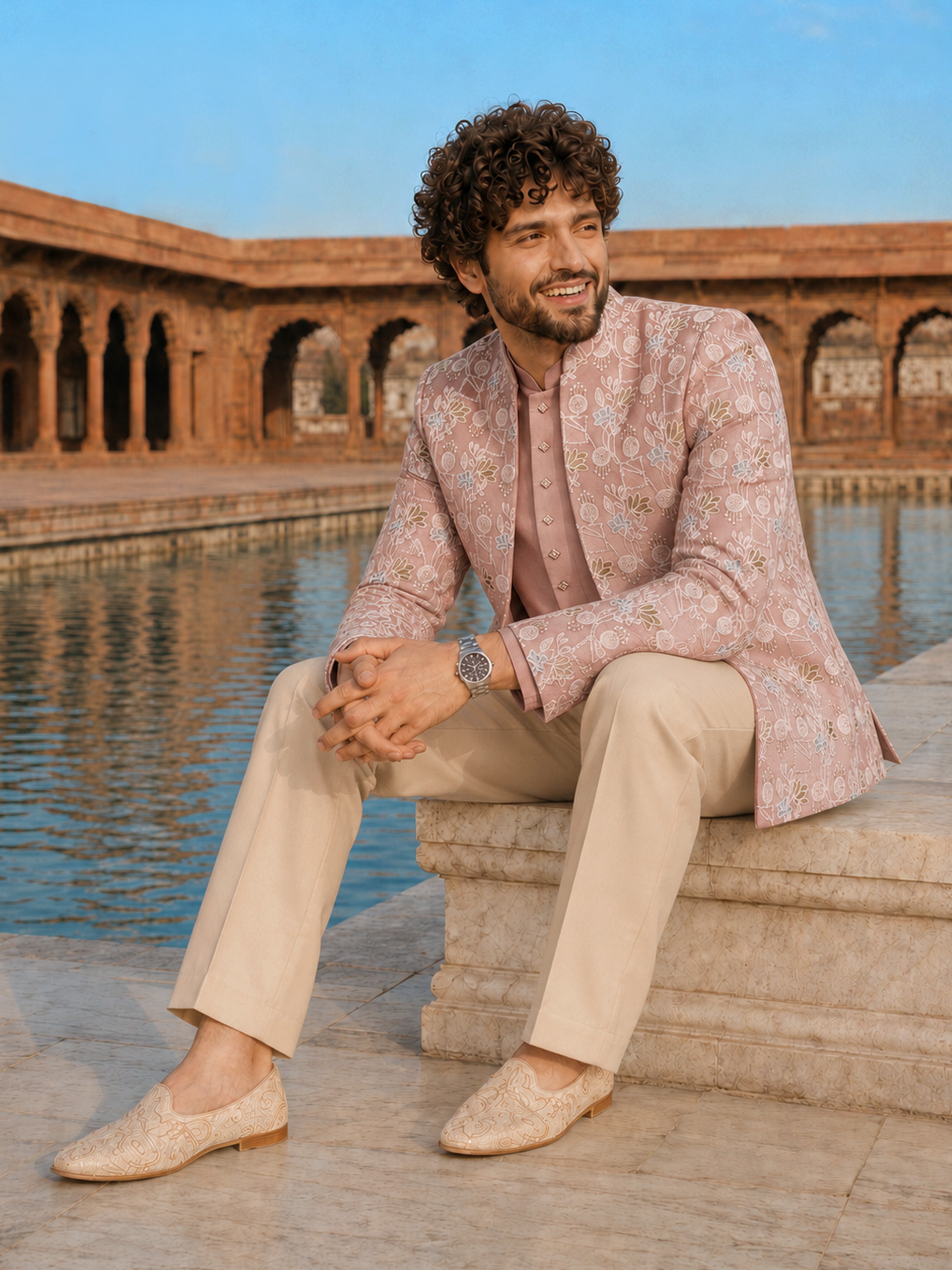 Men Pink Embroidered Zari Work Waist Length Wide Leg Pant Sherwani Set