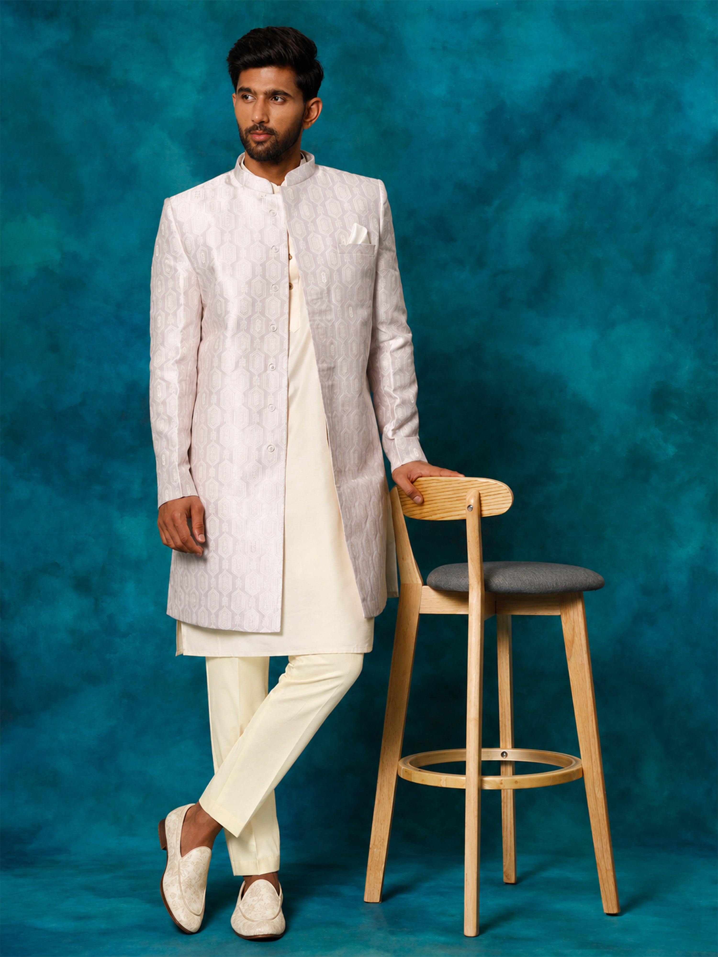 Men Purple Jacquard Silk Blend Indo-Western with Cream Kurta & Pant Set