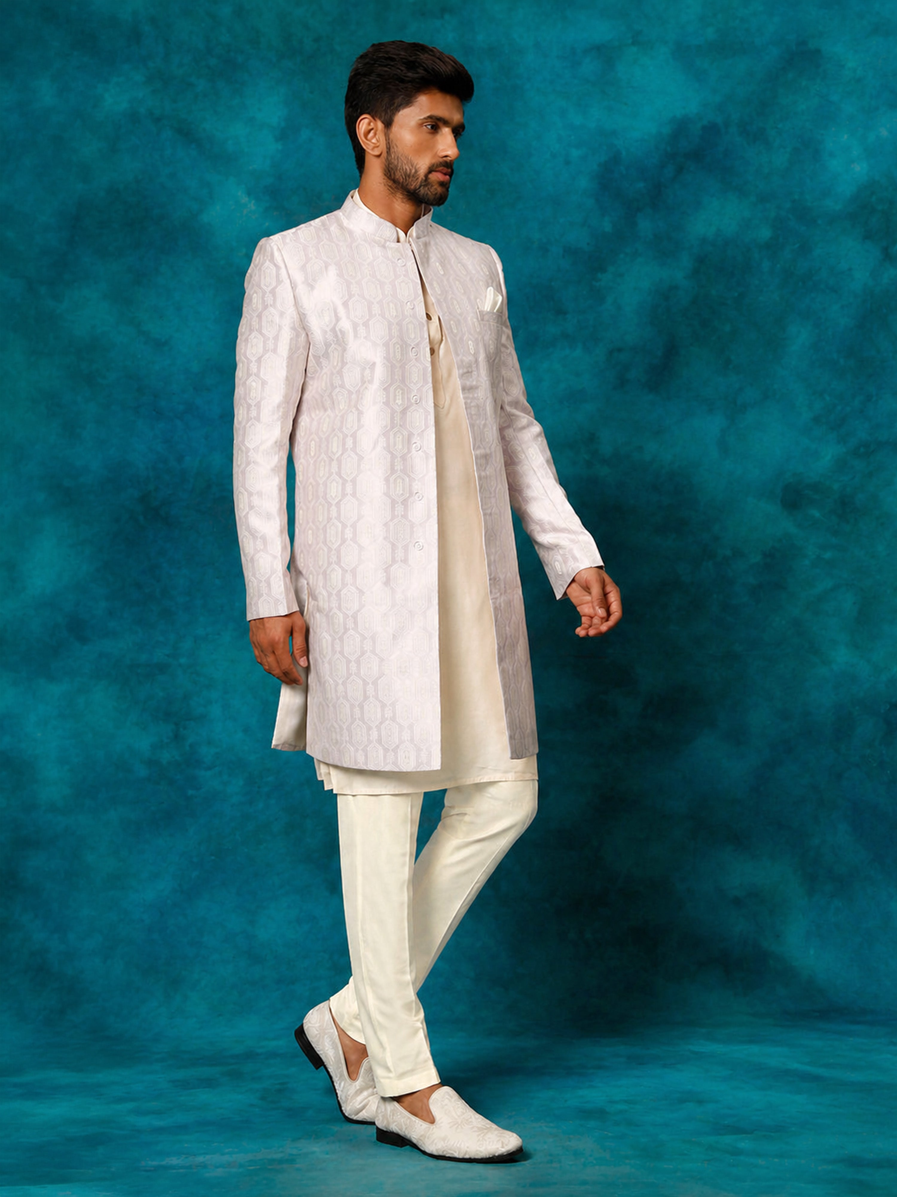 Men Purple Jacquard Silk Blend Indo-Western with Cream Kurta & Pant Set