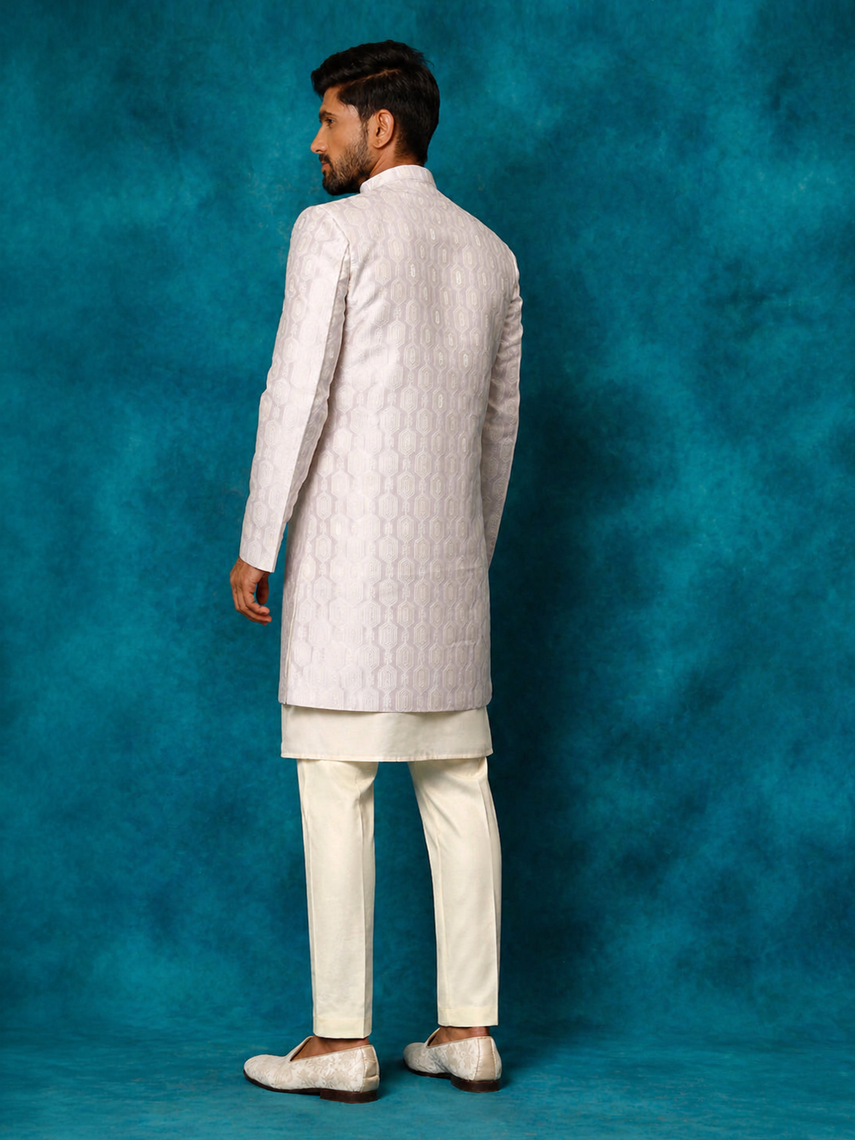 Men Purple Jacquard Silk Blend Indo-Western with Cream Kurta & Pant Set