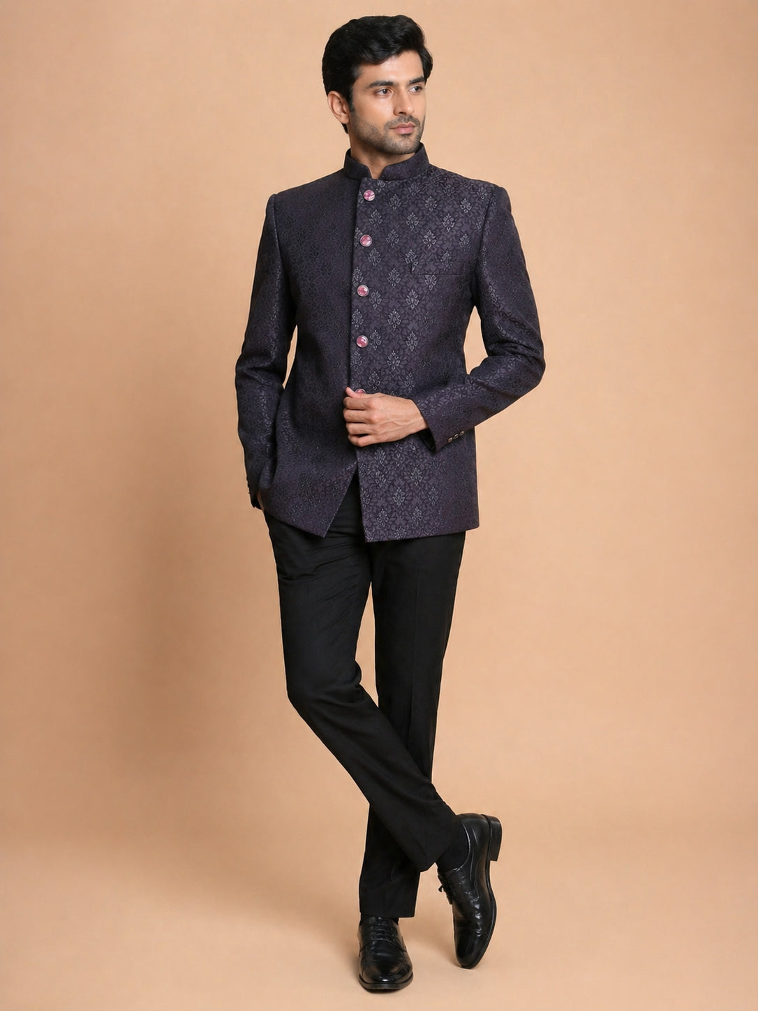 Men Wine Jacquard Jodhpuri Suit with Black Pant Style Pyjama Set