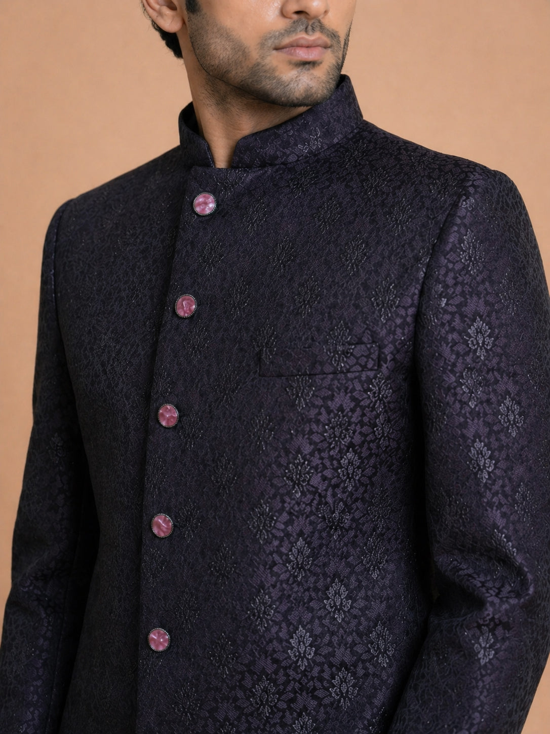Men Wine Jacquard Jodhpuri Suit with Black Pant Style Pyjama Set
