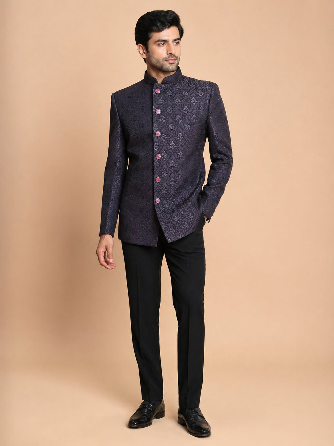 Men Wine Jacquard Jodhpuri Suit with Black Pant Style Pyjama Set