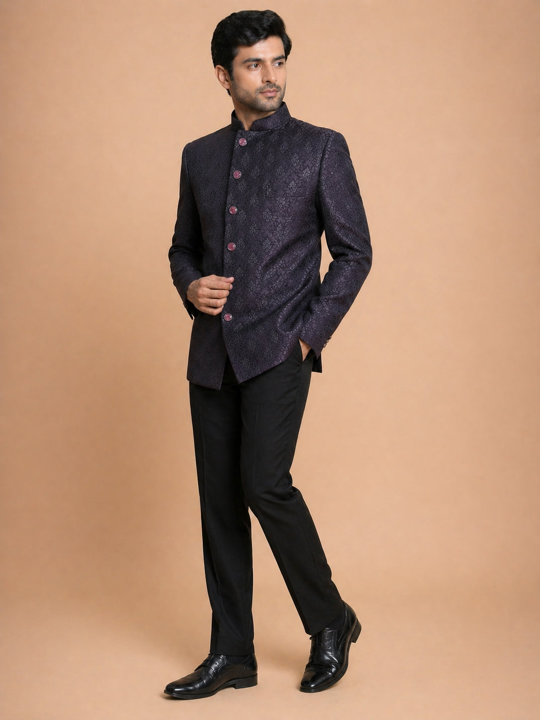 Men Wine Jacquard Jodhpuri Suit with Black Pant Style Pyjama Set