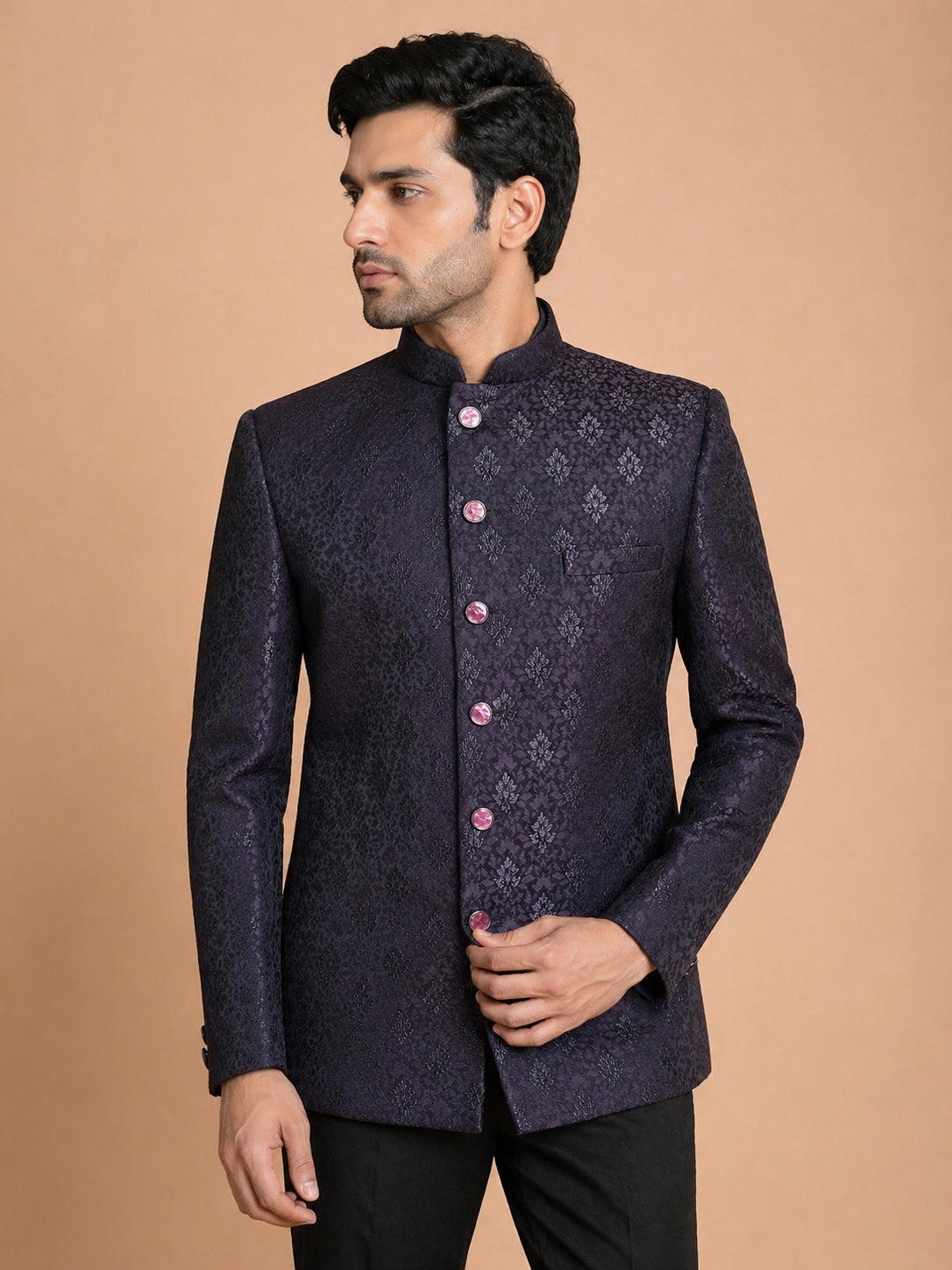Men Wine Jacquard Woven Jodhpuri Suit