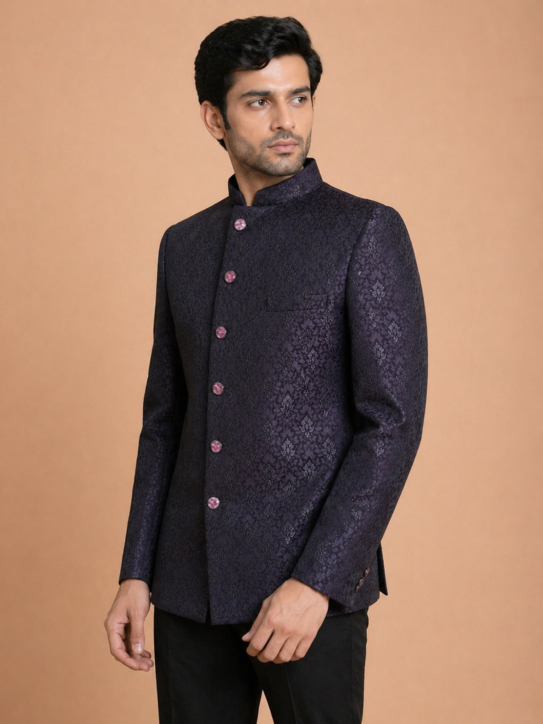 Men Wine Jacquard Woven Jodhpuri Suit