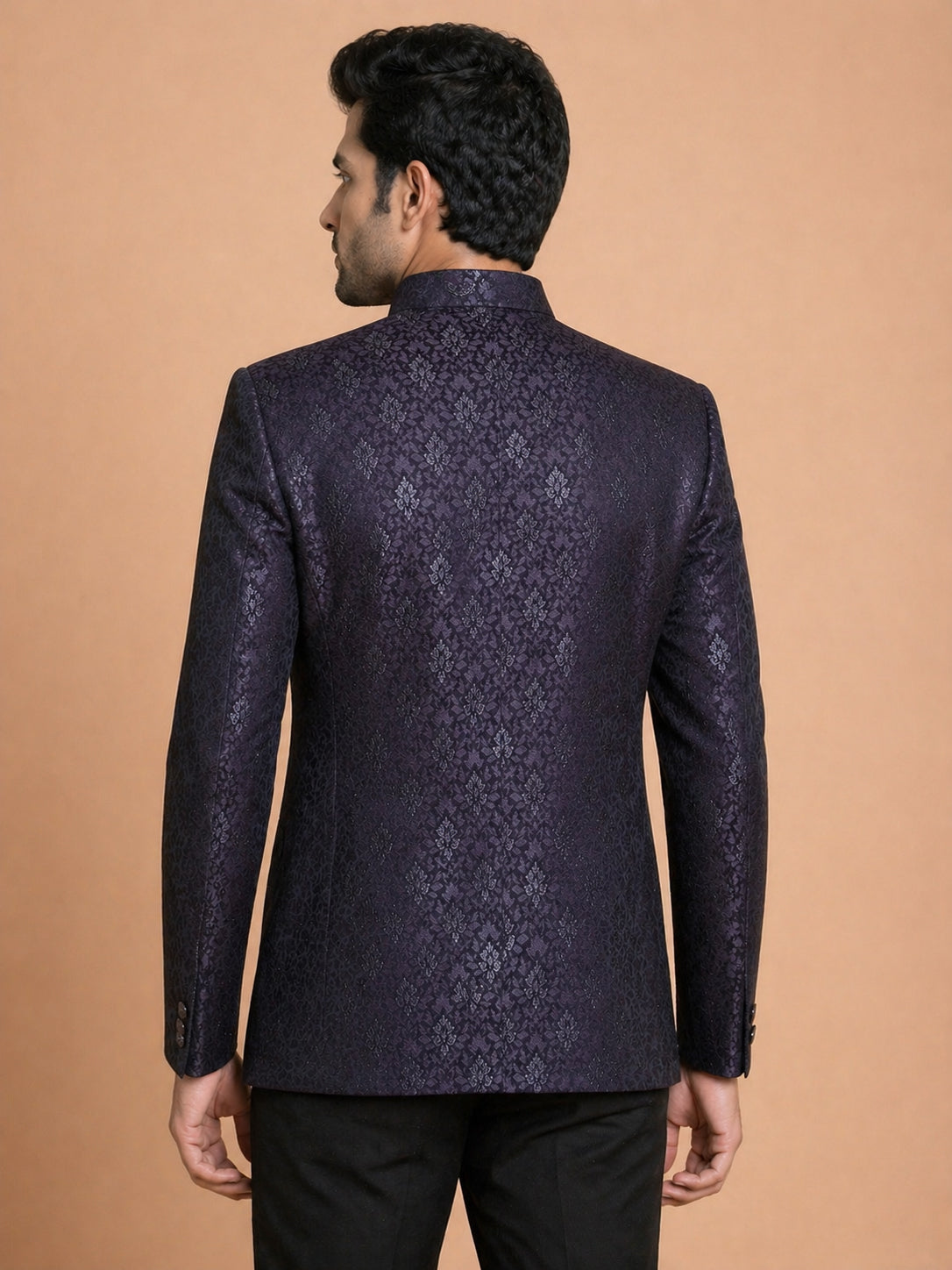 Men Wine Jacquard Woven Jodhpuri Suit