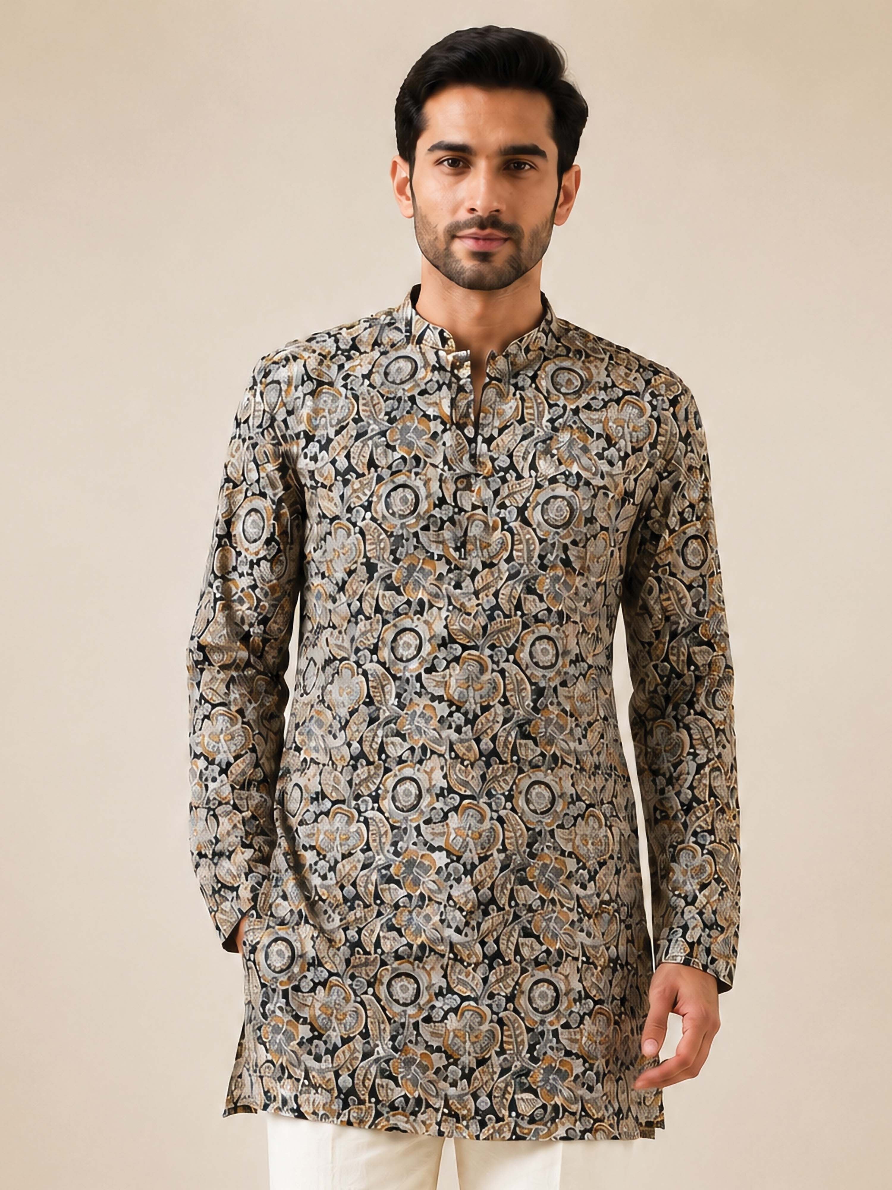 Men's Black Cotton Printed Regular Mid-Length Kurta