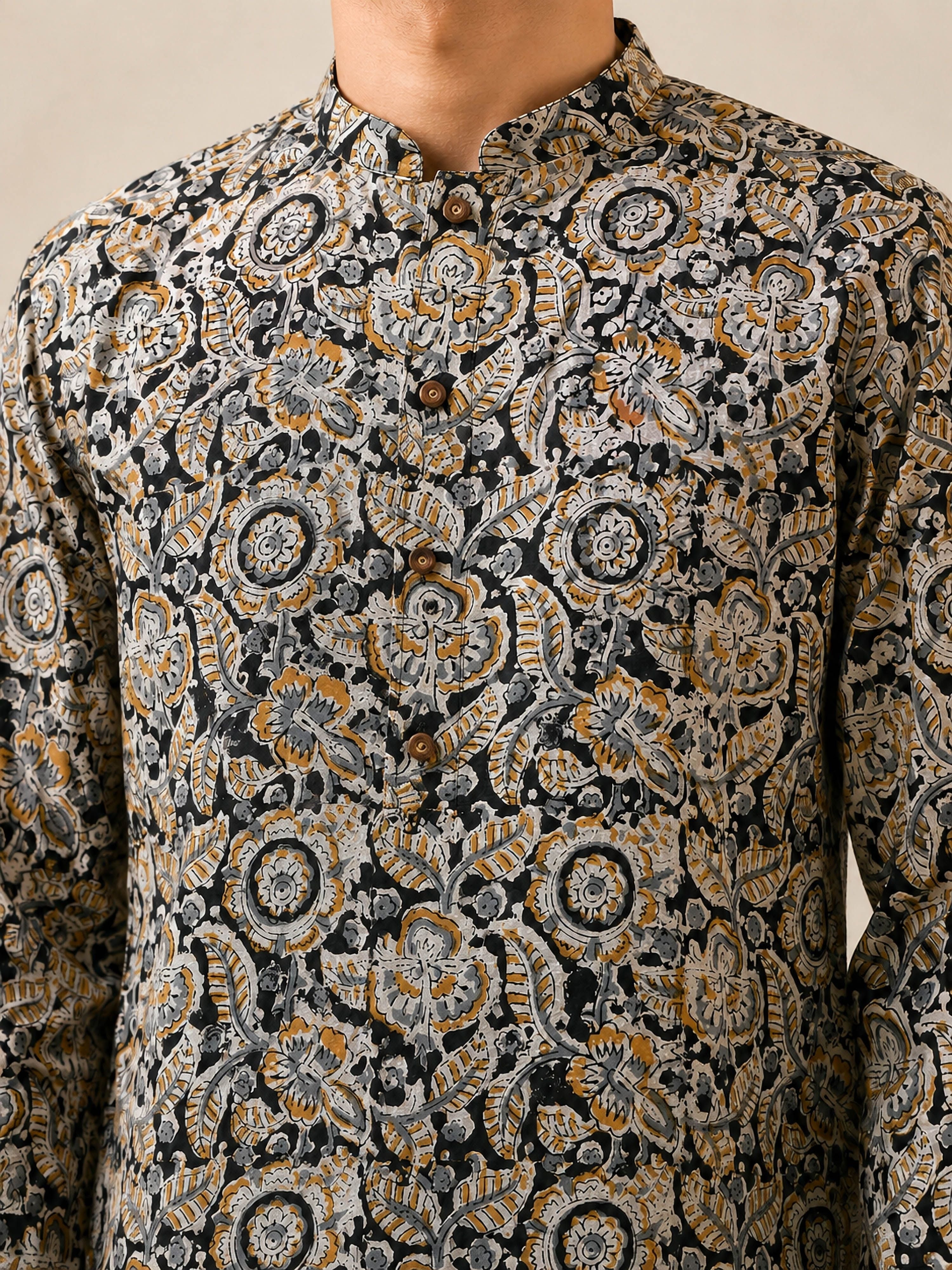 Men's Black Cotton Printed Regular Mid-Length Kurta