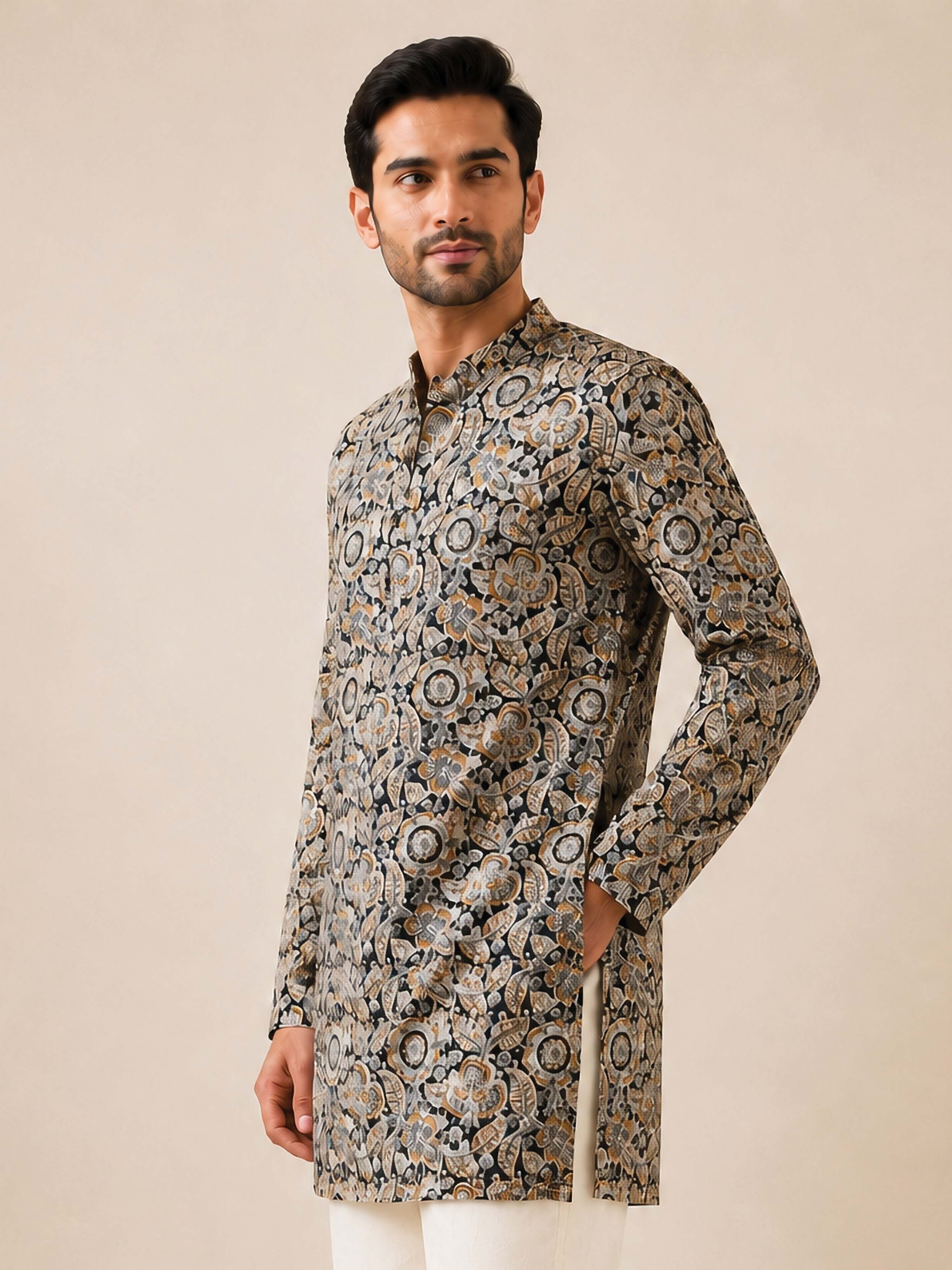 Men's Black Cotton Printed Regular Mid-Length Kurta