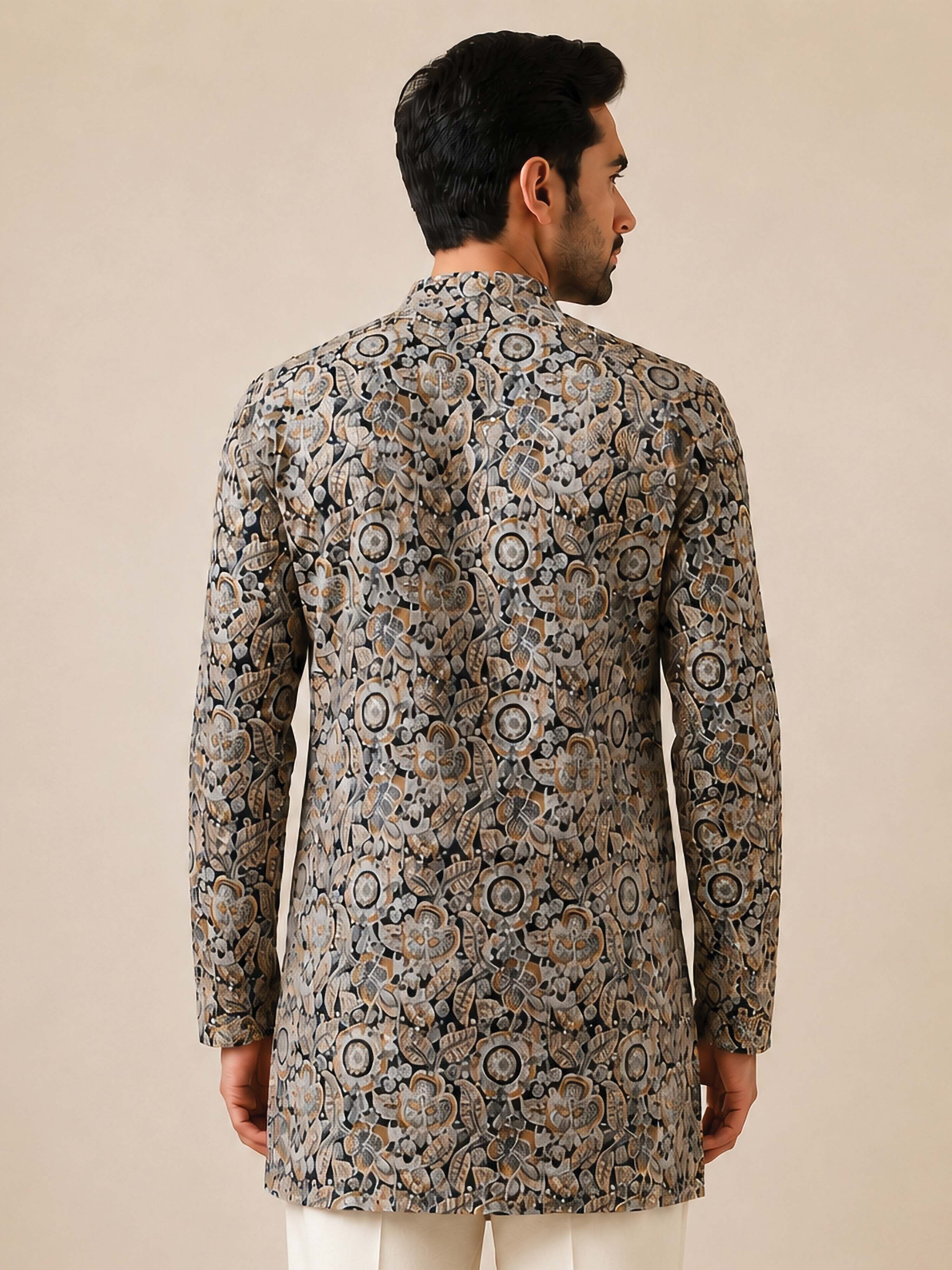 Men's Black Cotton Printed Regular Mid-Length Kurta