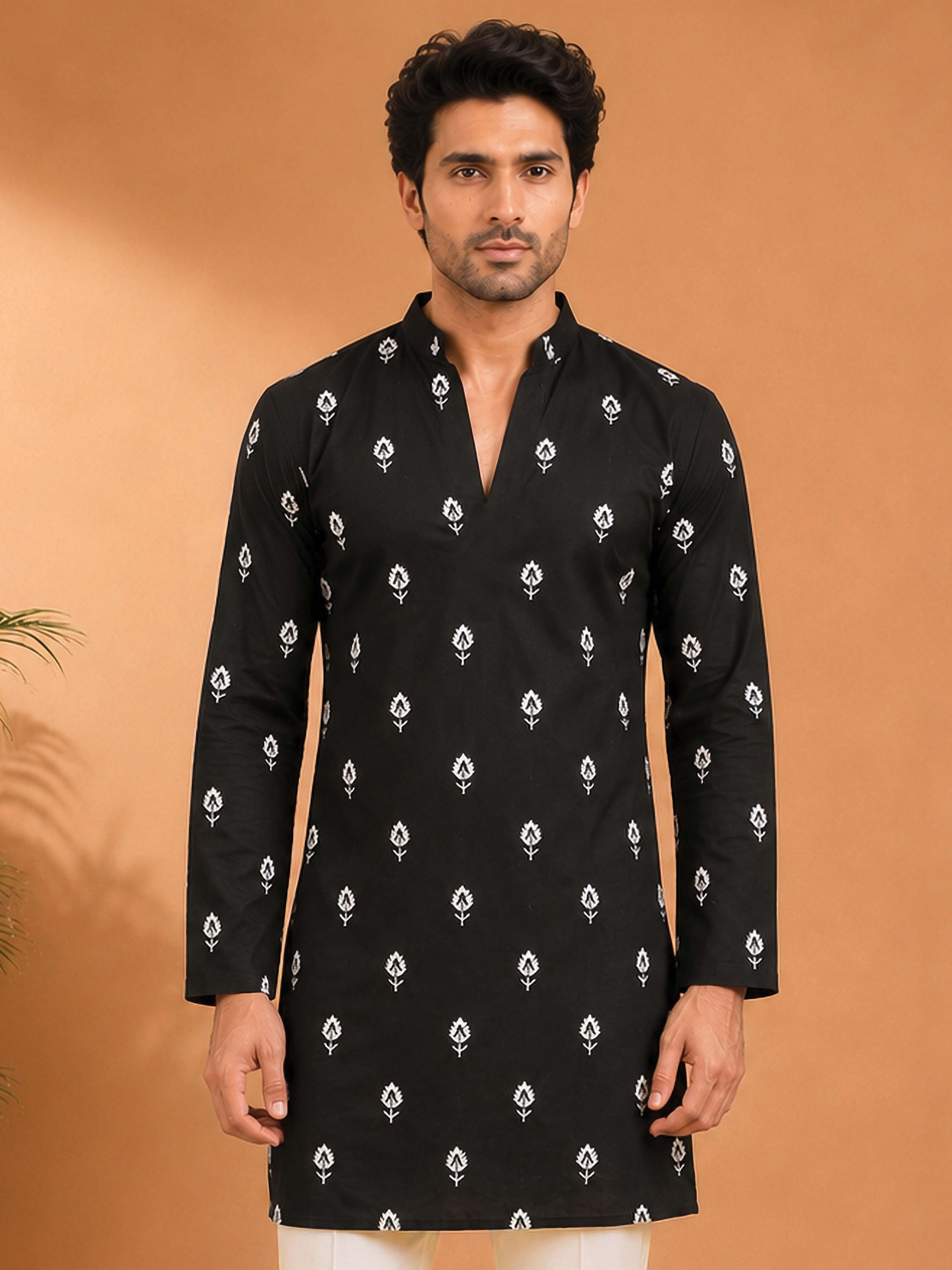 Men's Black Viscose Embroidered Mid-Length Kurta