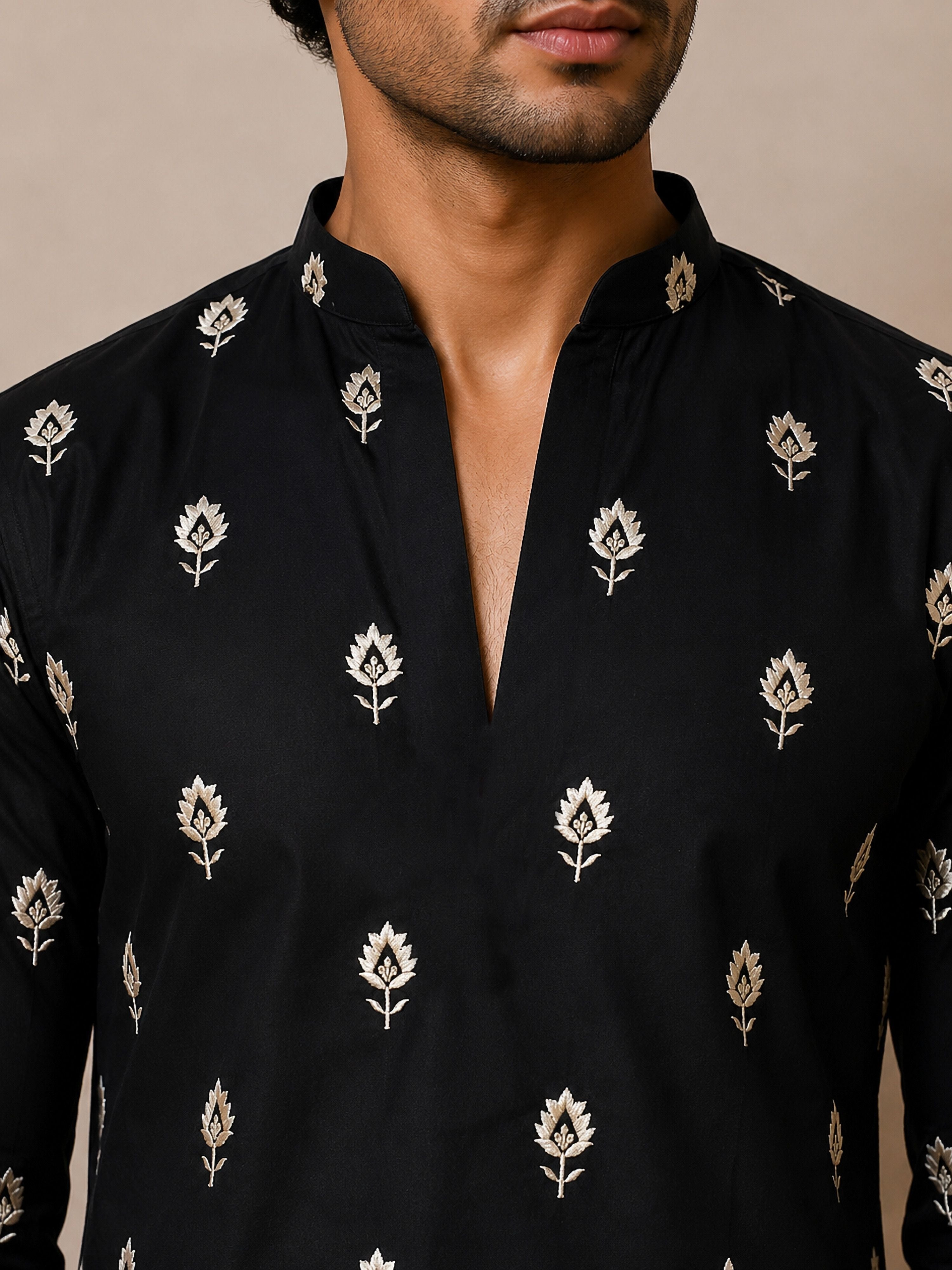 Men's Black Viscose Embroidered Mid-Length Kurta