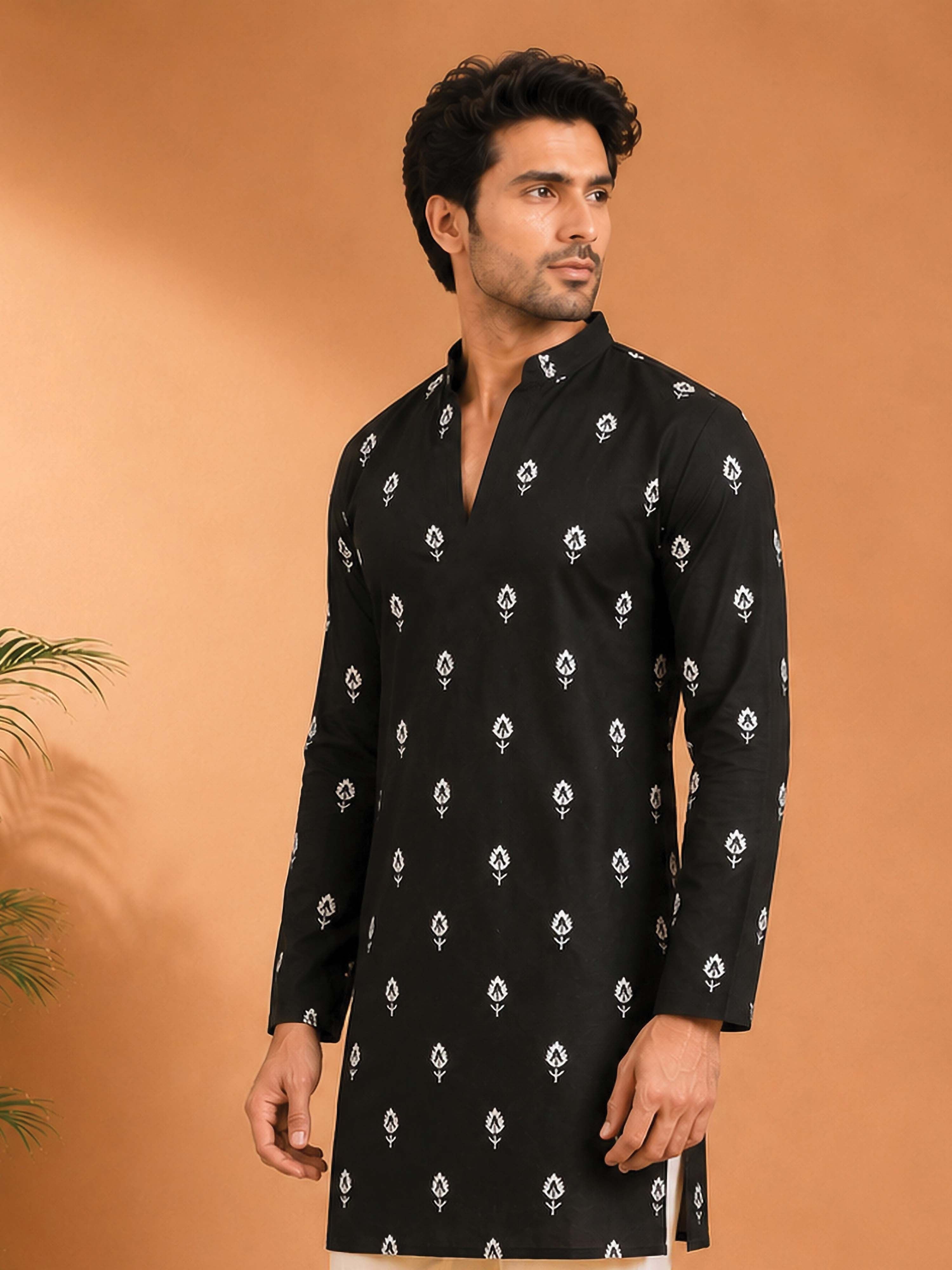 Men's Black Viscose Embroidered Mid-Length Kurta